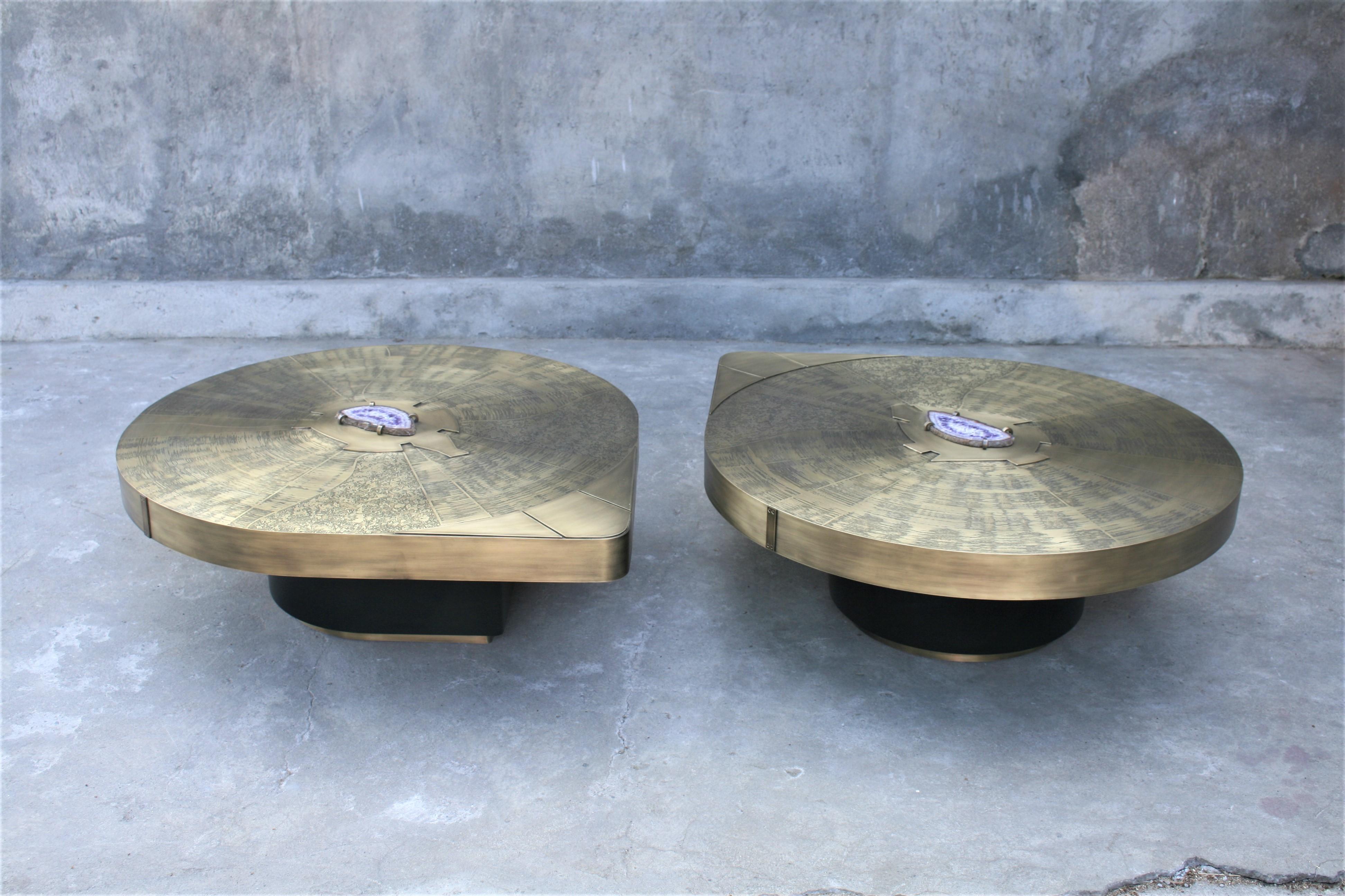 Cocktail Table by Belgali Acid Etched Brass and Agate Slices 5