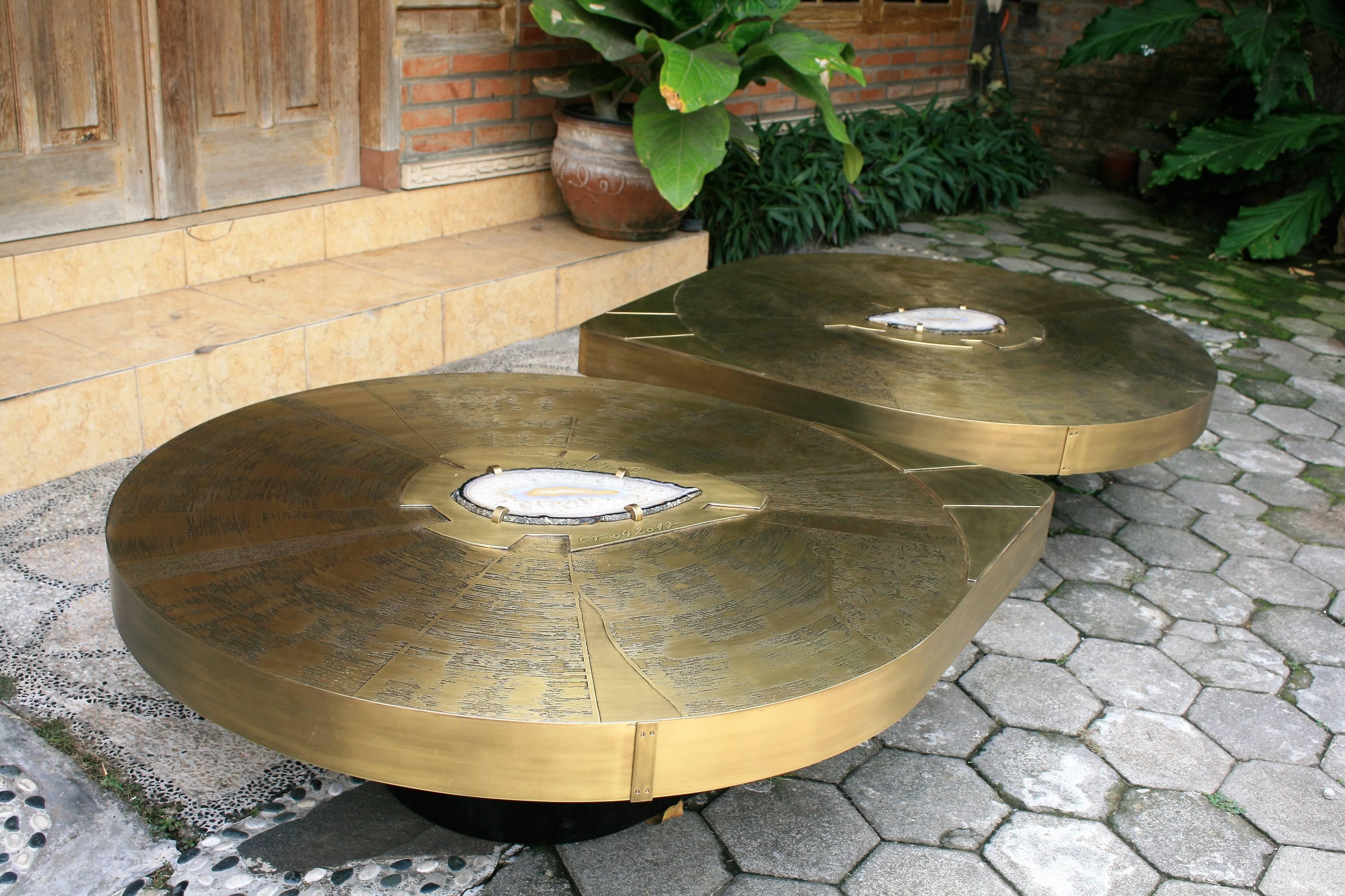 Mid-Century Modern Cocktail Table by Belgali Acid Etched Brass and Agate Slices