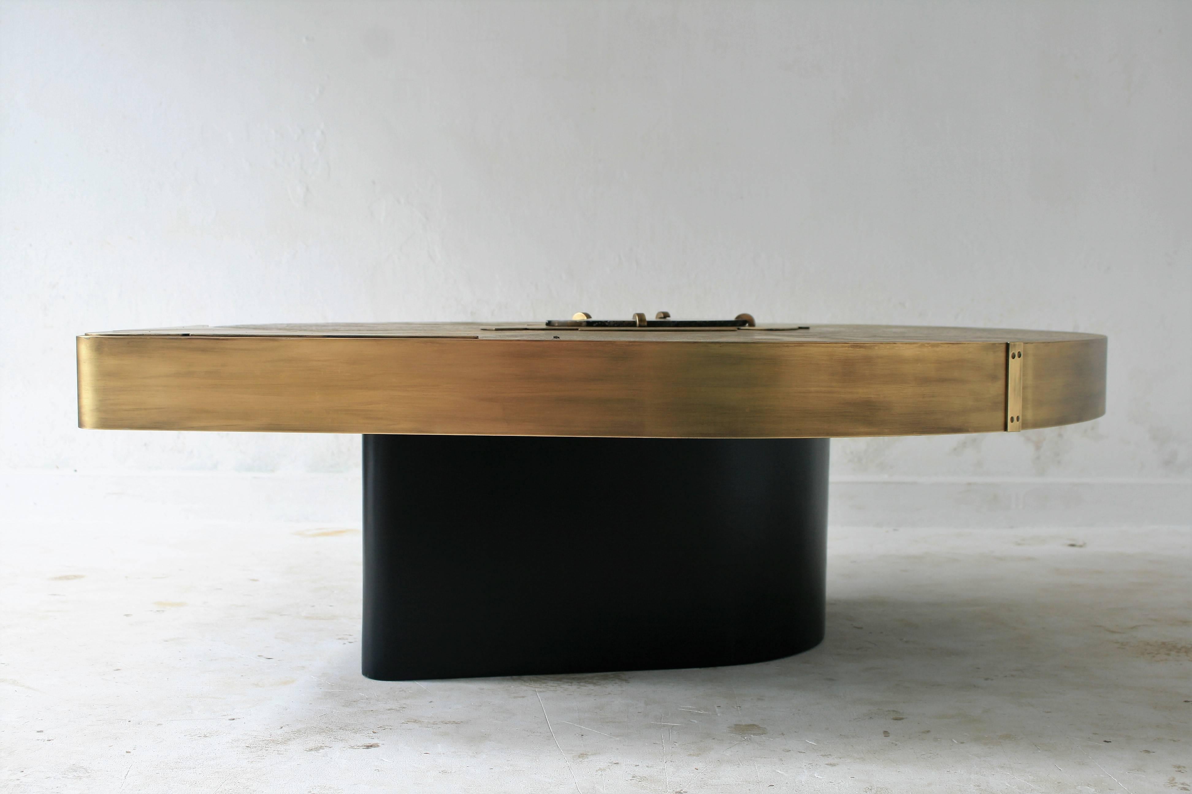 Belgian Cocktail Table by Belgali Acid Etched Brass and Agate Slices