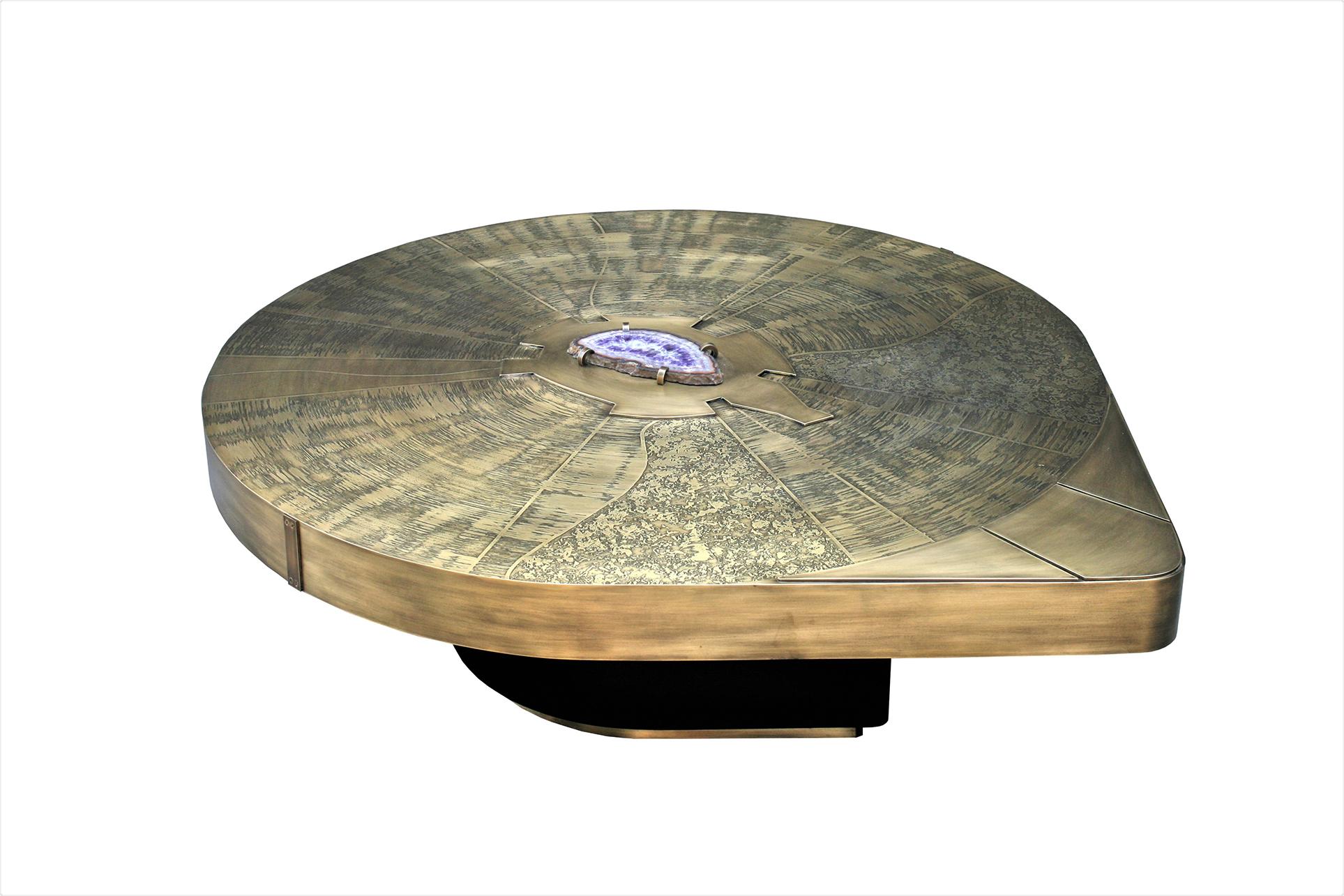 Belgian Cocktail Table by Belgali Acid Etched Brass and Agate Slices