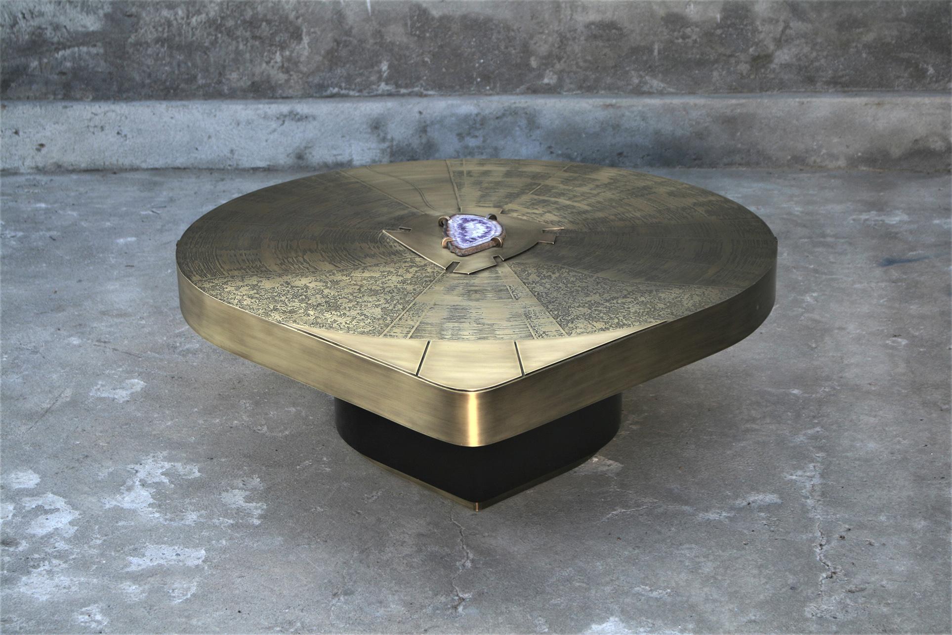 Cocktail Table by Belgali Acid Etched Brass and Agate Slices 1