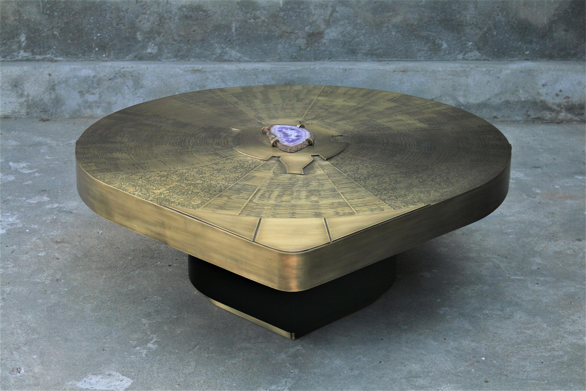 Cocktail Table by Belgali Acid Etched Brass and Agate Slices 2