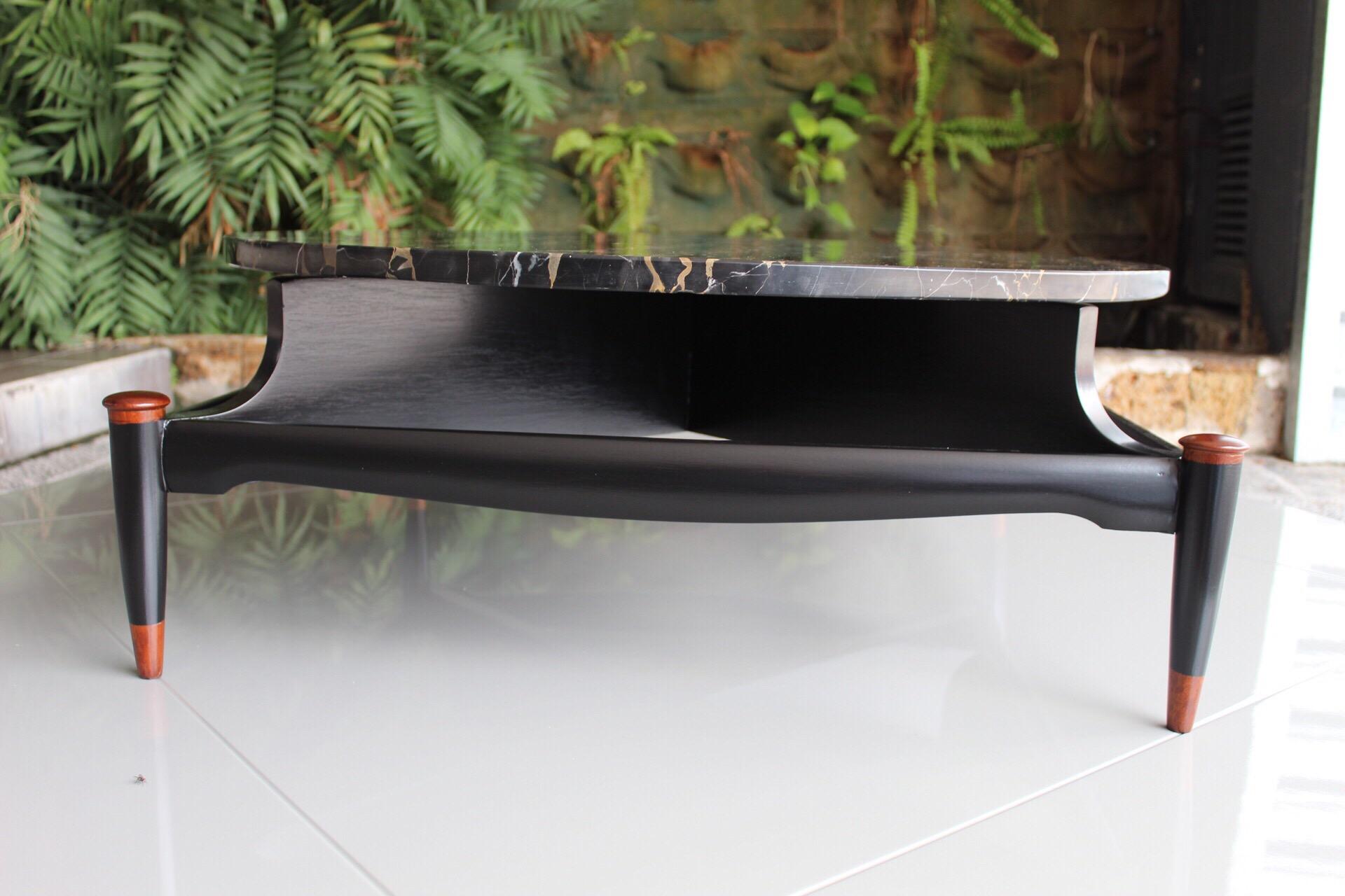 Mexican Cocktail Table in Black Portoro Marble and Mahogany by Frank Kyle