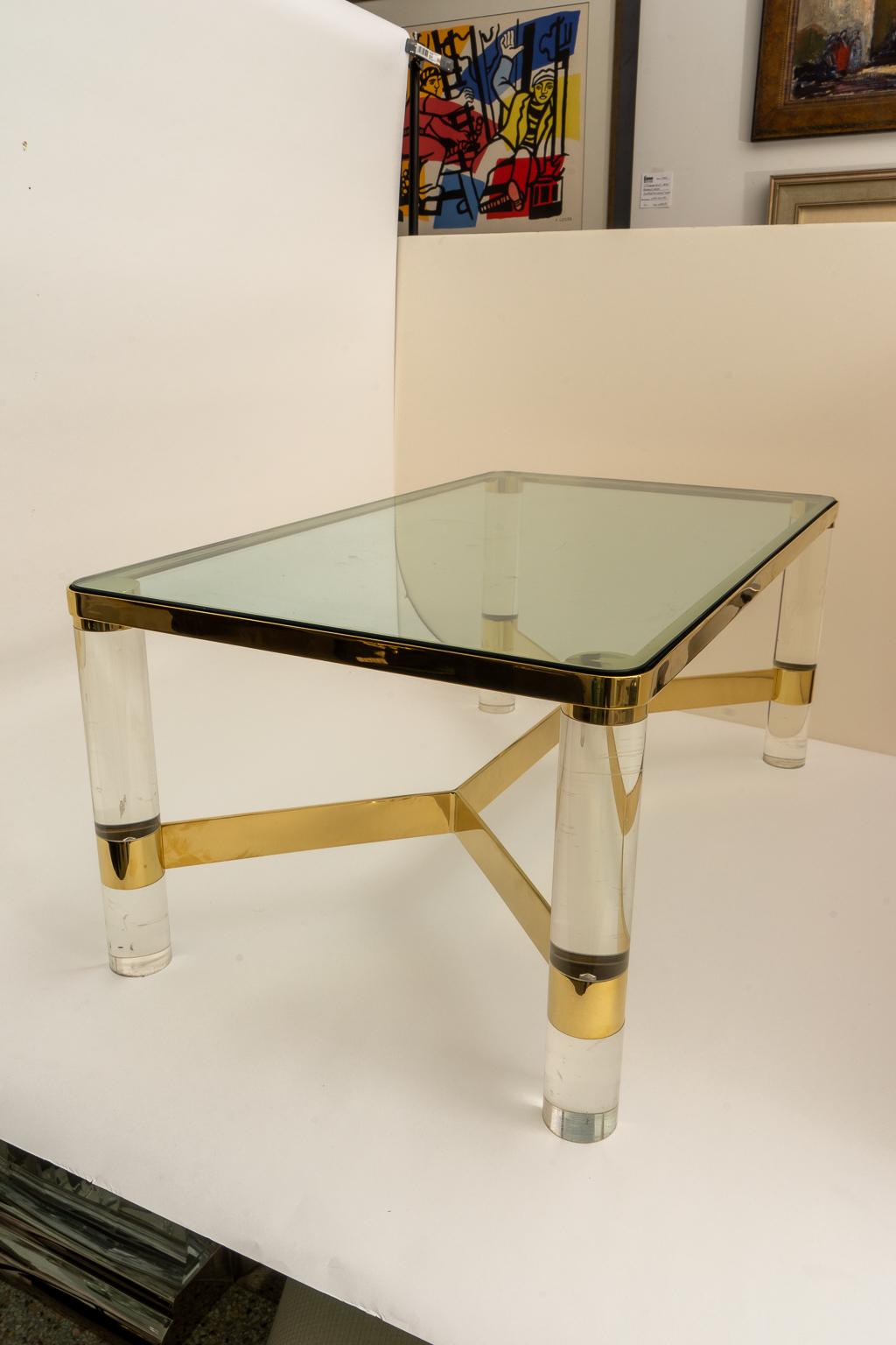 Mid-Century Modern Signed Karl Springer Cocktail Table in Lucite and Brass