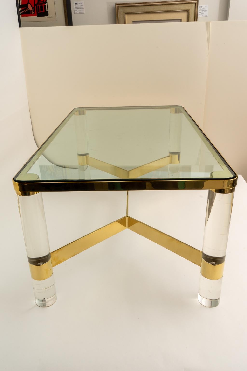 American Signed Karl Springer Cocktail Table in Lucite and Brass
