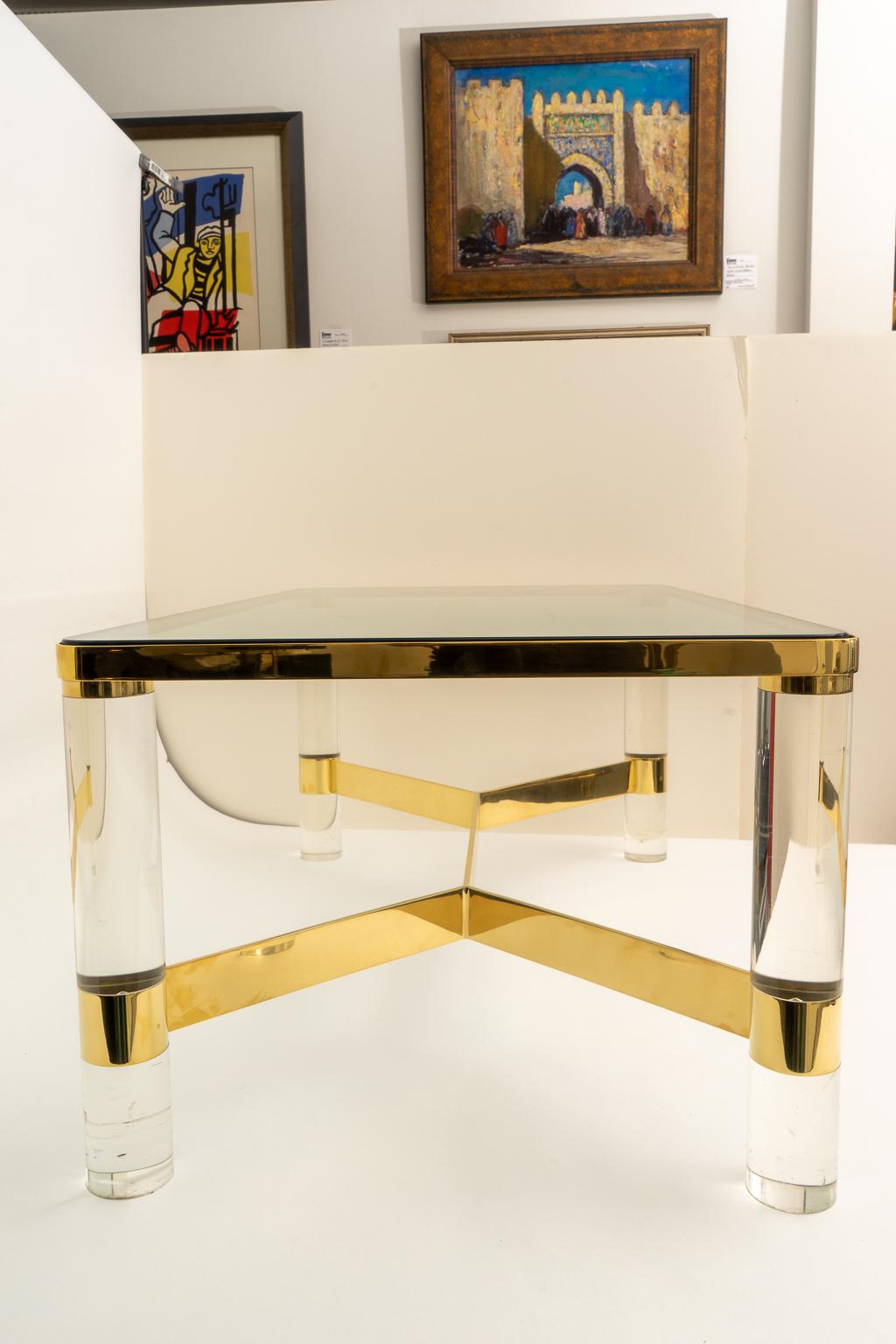 Polished Signed Karl Springer Cocktail Table in Lucite and Brass