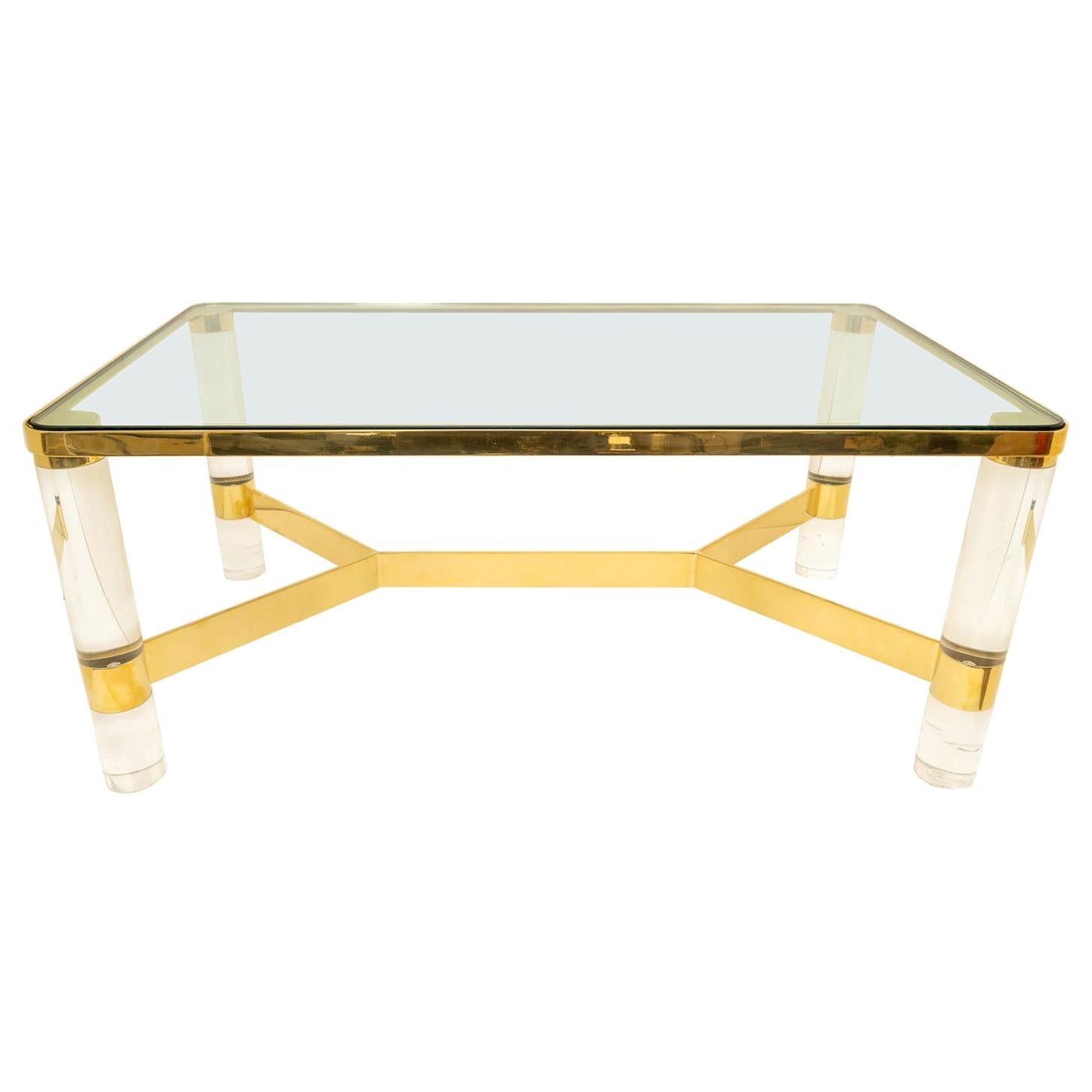 Signed Karl Springer Cocktail Table in Lucite and Brass