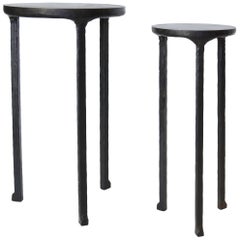Cocktail Table Pair Modern Hand-Shaped Round Handmade Blackened and Waxed Steel 