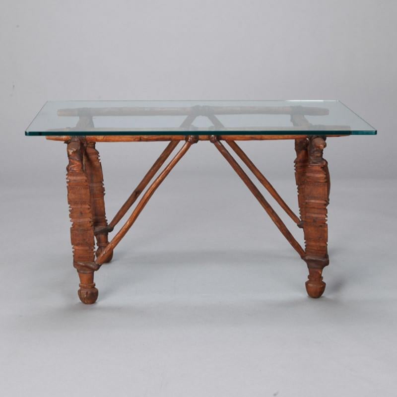 Tribal Cocktail Table with 19th C African Wood and Leather Base