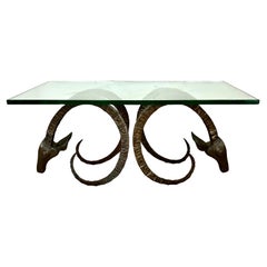 Vintage Cocktail Table with a Pair of Brass Rams Heads in the Style of Alain Chervet