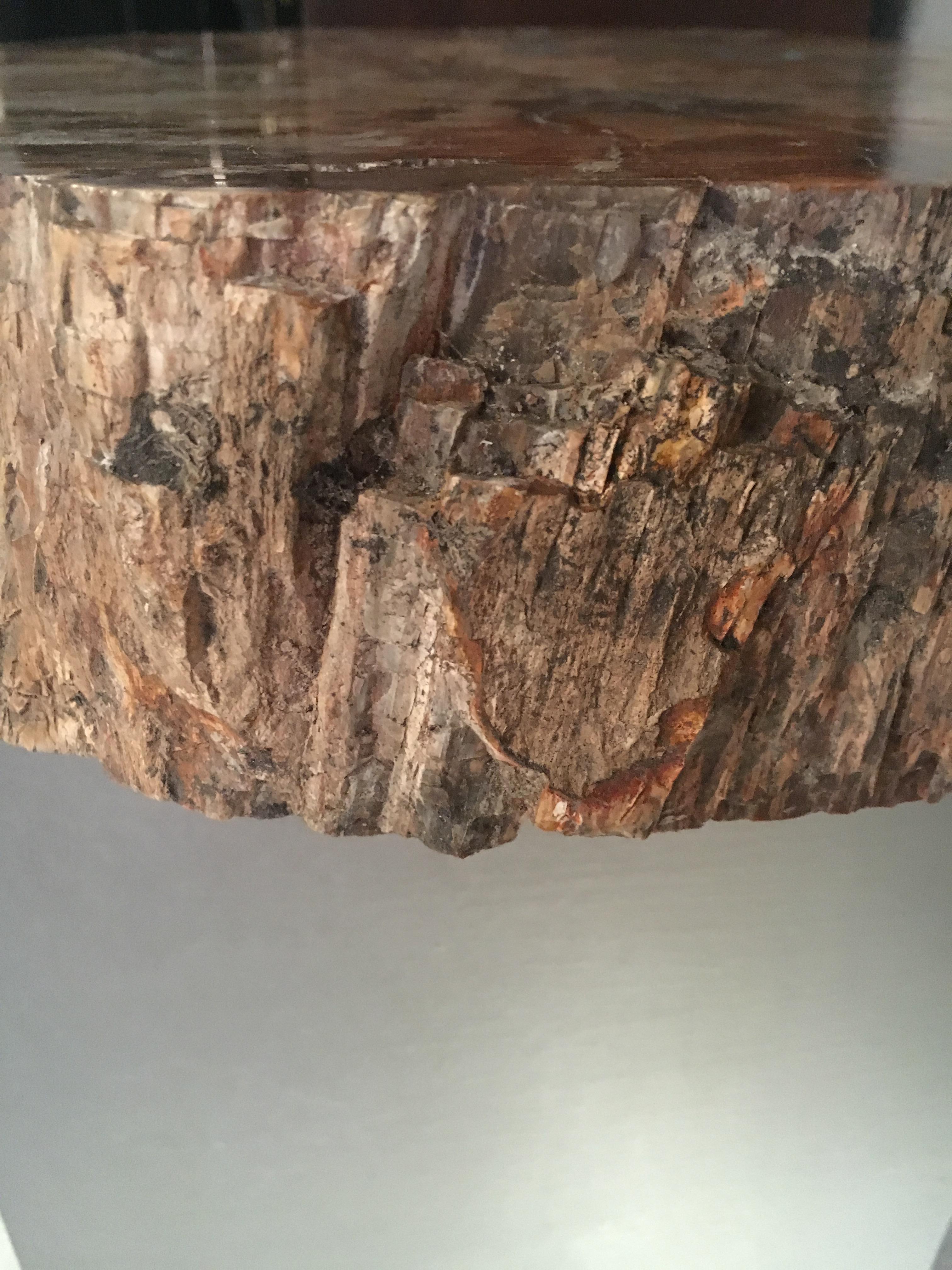 Malgache Table de cocktail avec plateau fossile sur base en acier, période préhistorique en vente
