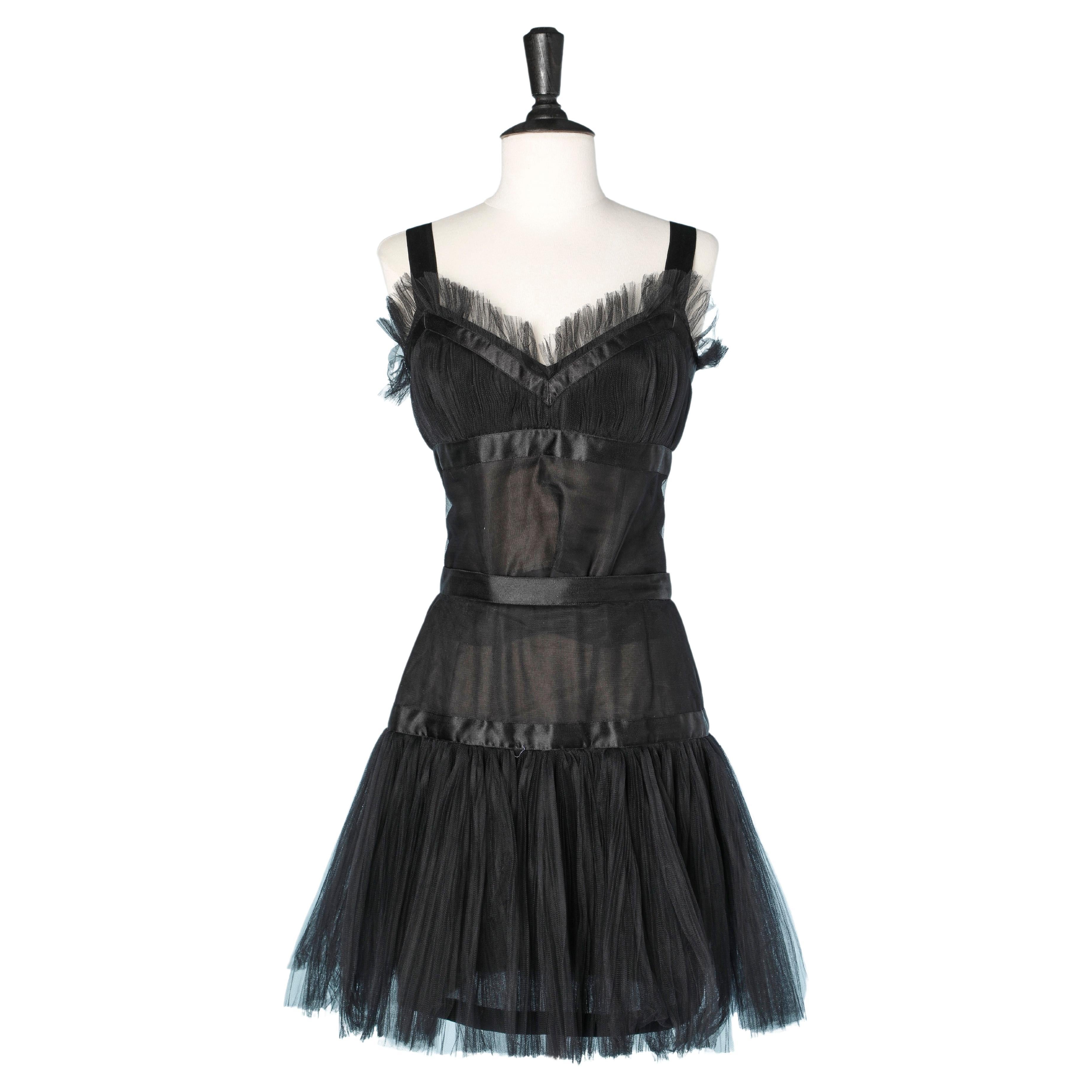 Cocktail top and skirt in black plated tulle and ruffle Renata F  For Sale