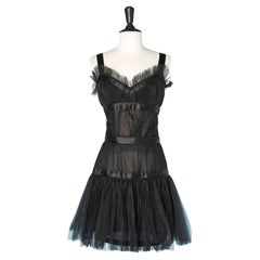 Cocktail top and skirt in black plated tulle and ruffle Renata F 