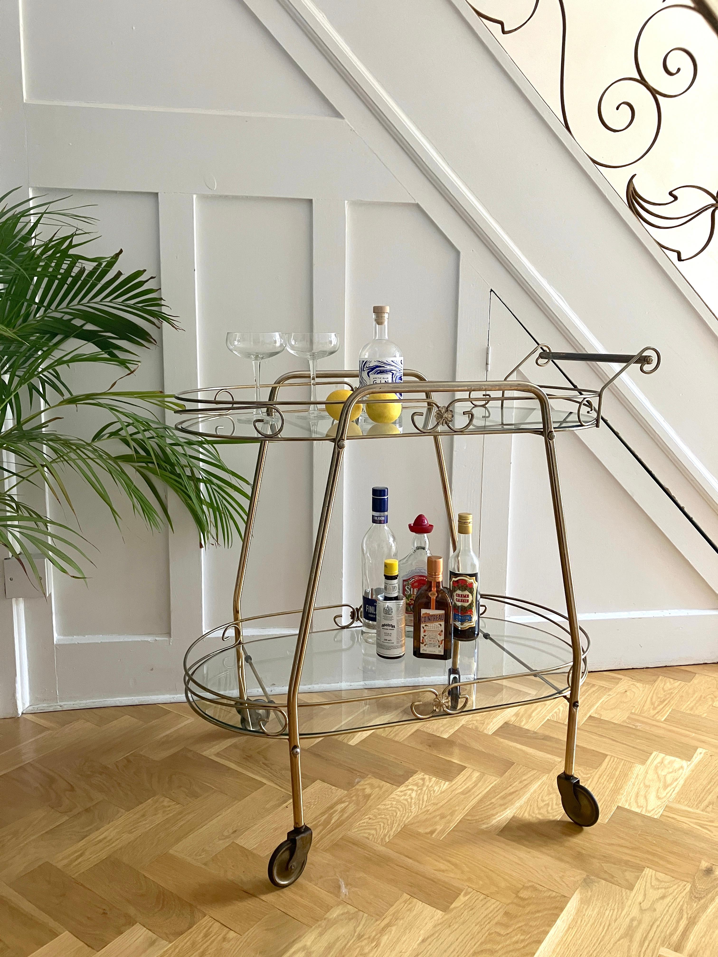 English Cocktail trolley drinks cart 60's oval with brass and glass