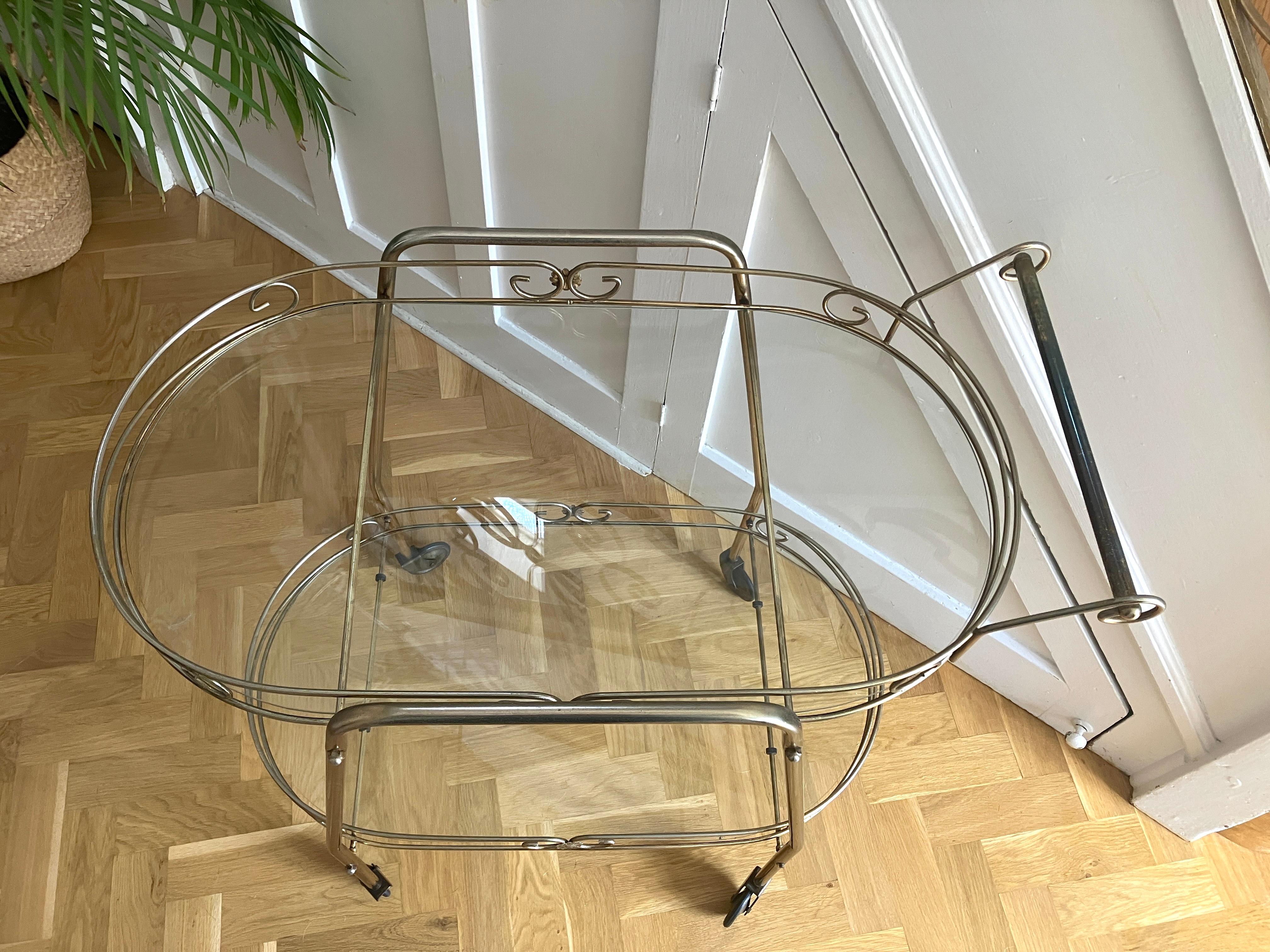 Metal Cocktail trolley drinks cart 60's oval with brass and glass
