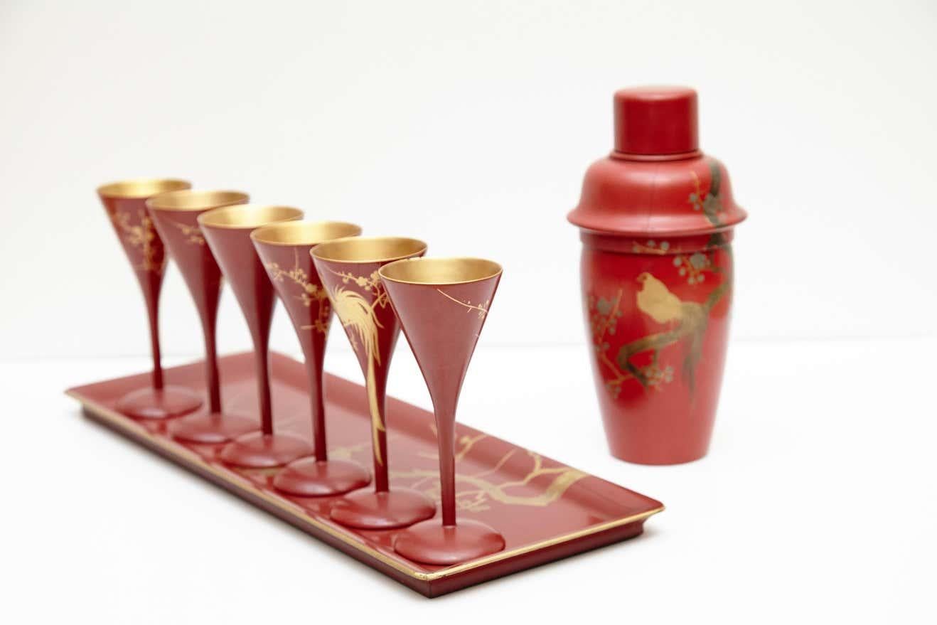 Cocktail Urushi Japanese Red Lacquered Set from England, circa 1910 For Sale 1