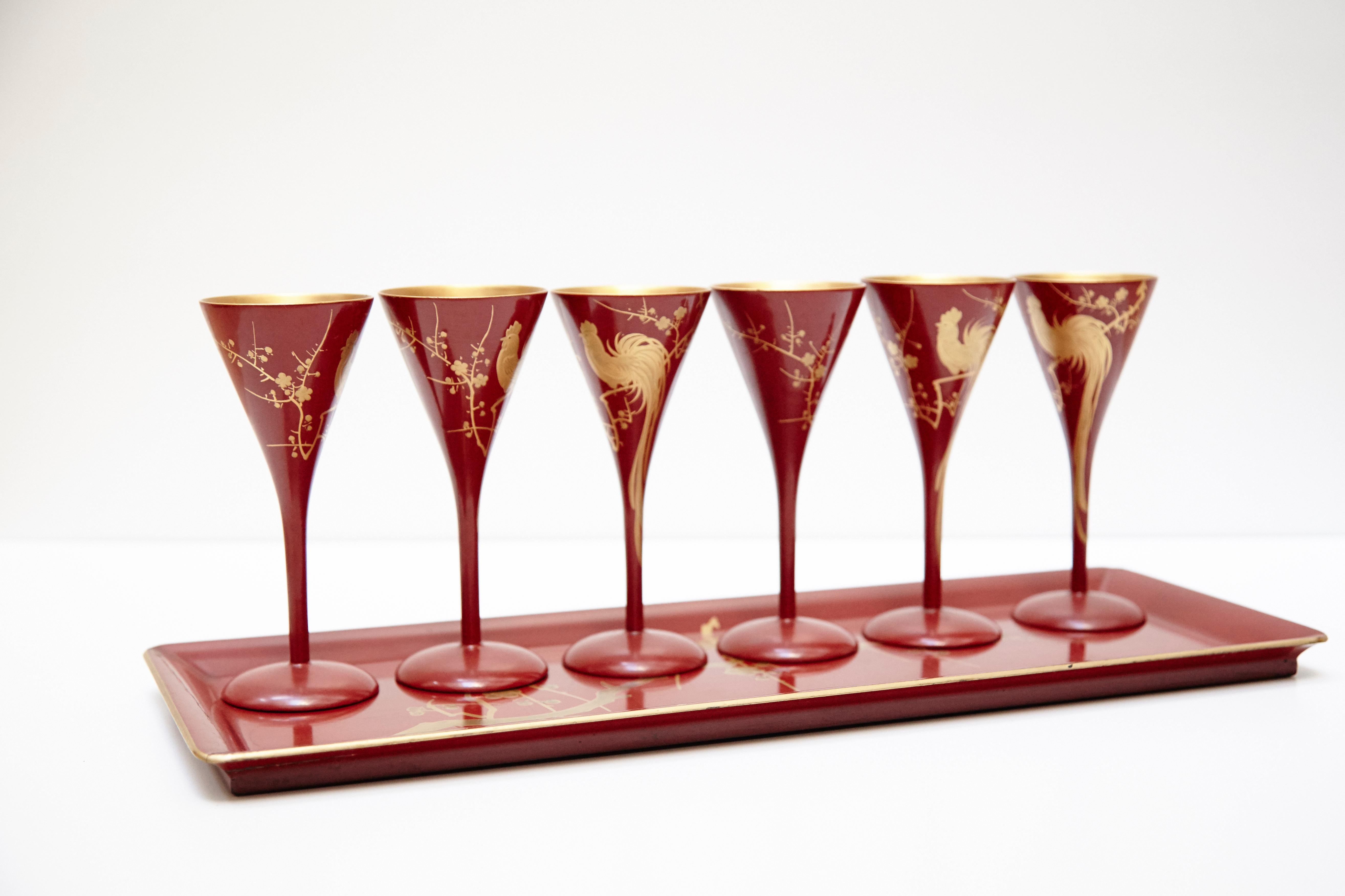 English Cocktail Urushi Japanese Red Lacquered Set from England, circa 1910