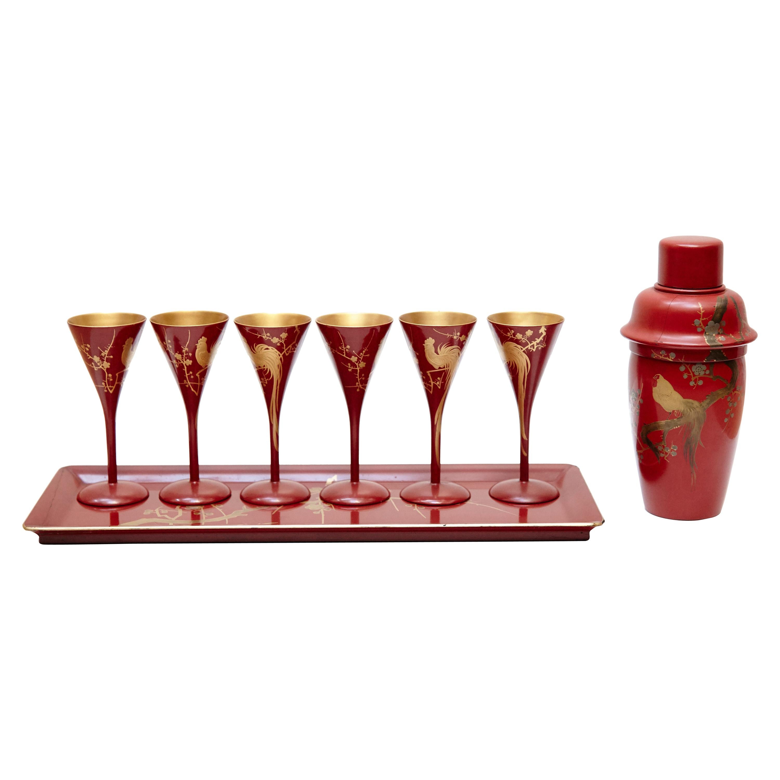 Cocktail Urushi Japanese Red Lacquered Set from England, circa 1910