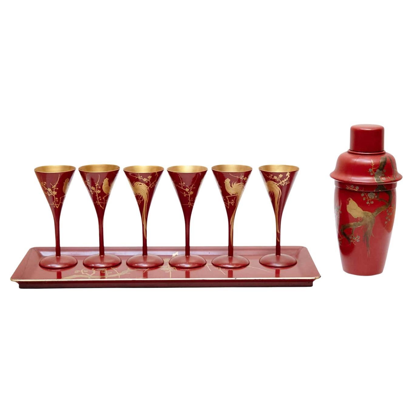 Cocktail Urushi Japanese Red Lacquered Set from England, circa 1910 For Sale