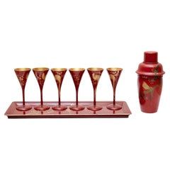 Antique Cocktail Urushi Japanese Red Lacquered Set from England, circa 1910