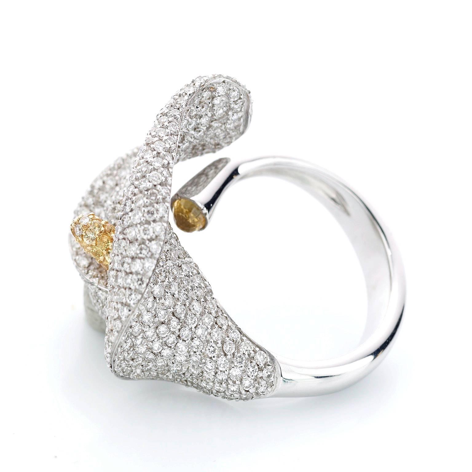 Contemporary Cocktail White Diamond Yellow Sapphire 18K Gold Calla Flower Ring Made in Italy For Sale