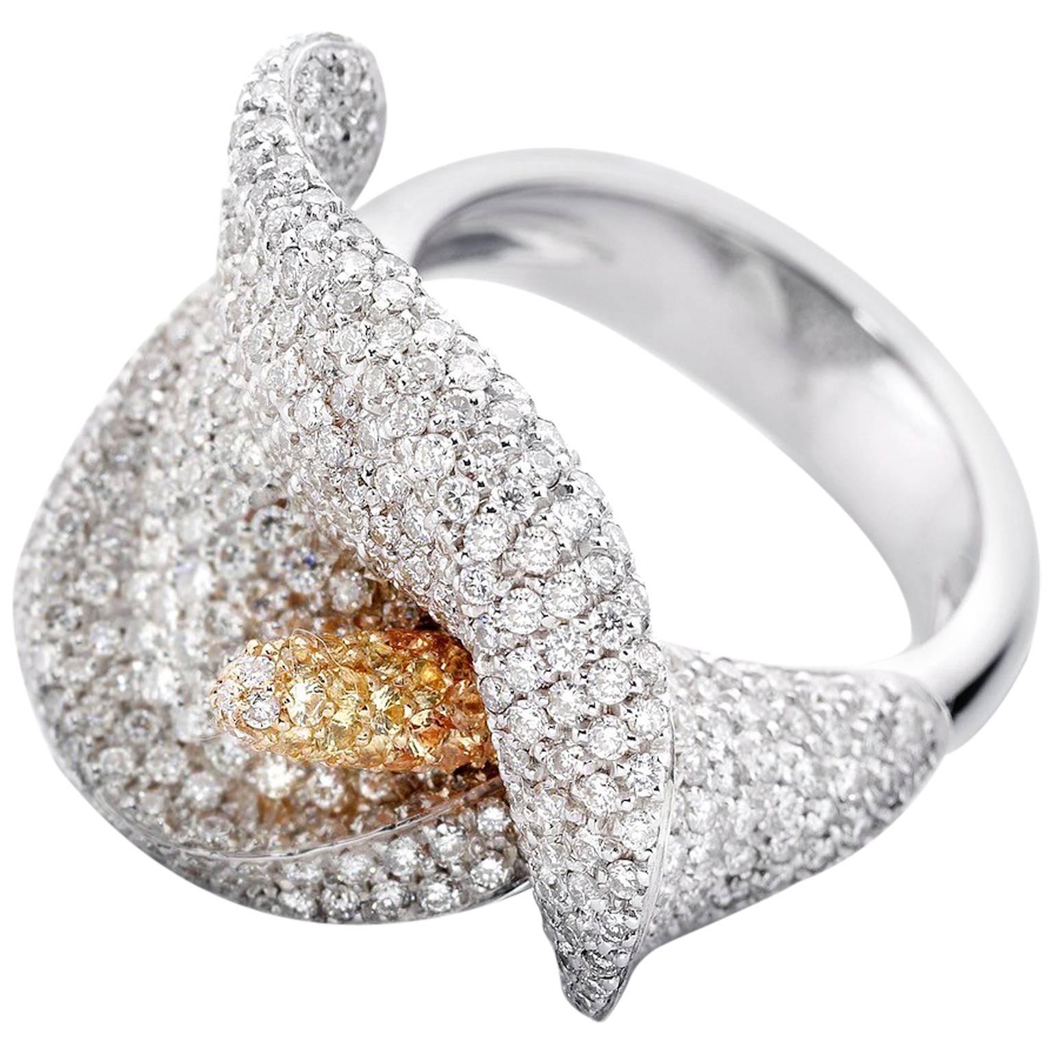 Cocktail White Diamond Yellow Sapphire 18K Gold Calla Flower Ring Made in Italy For Sale