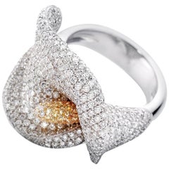 Cocktail White Diamond Yellow Sapphire 18K Gold Calla Flower Ring Made in Italy