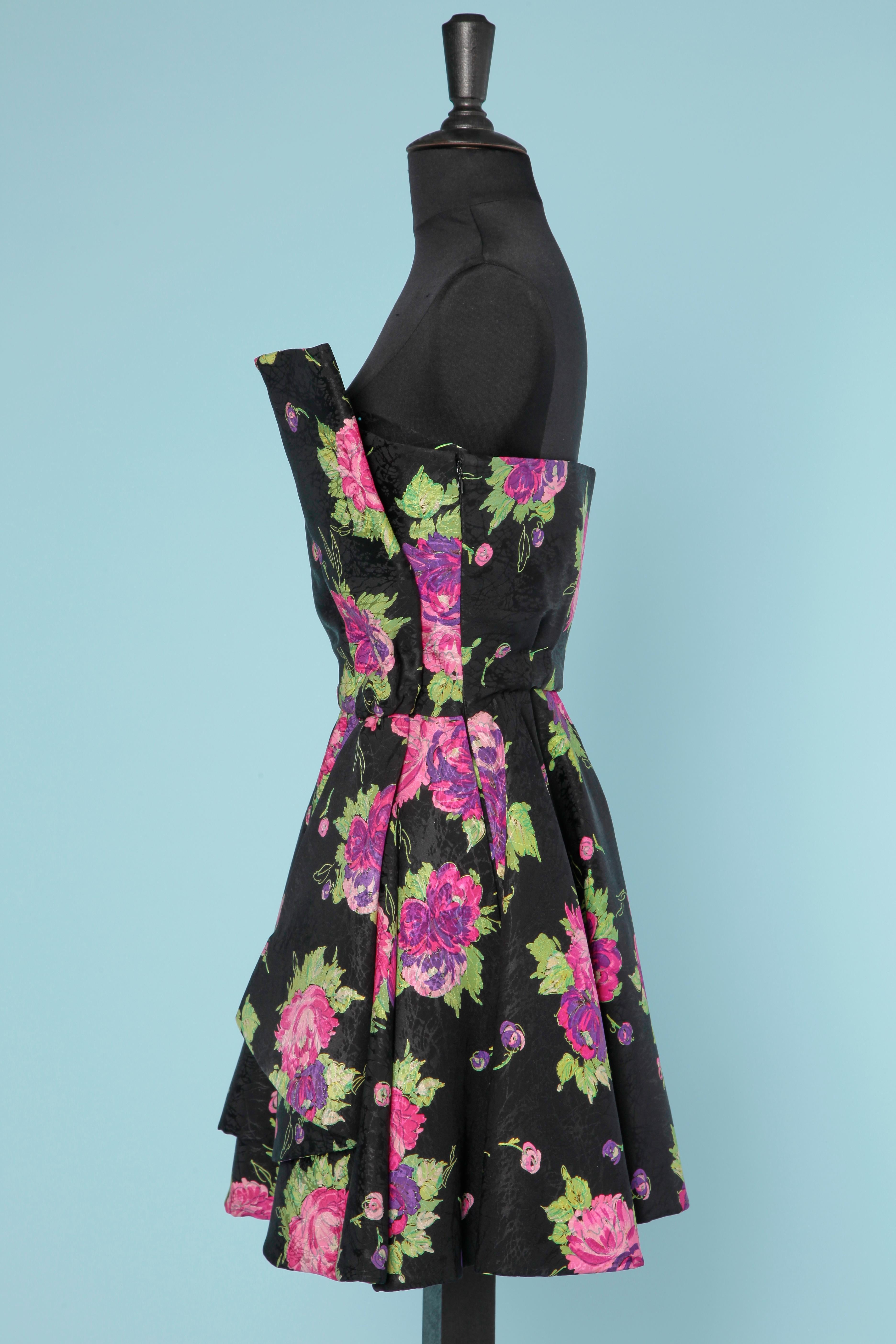 Black  Cocktail wrap Bustier dress in silk jacquard with printed roses  For Sale