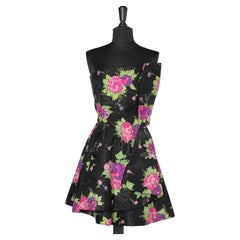 Vintage  Cocktail wrap Bustier dress in silk jacquard with printed roses 