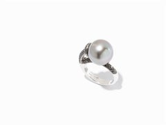 Cocktail Ring with Tahitian Pearl and Diamonds, 18 Karat