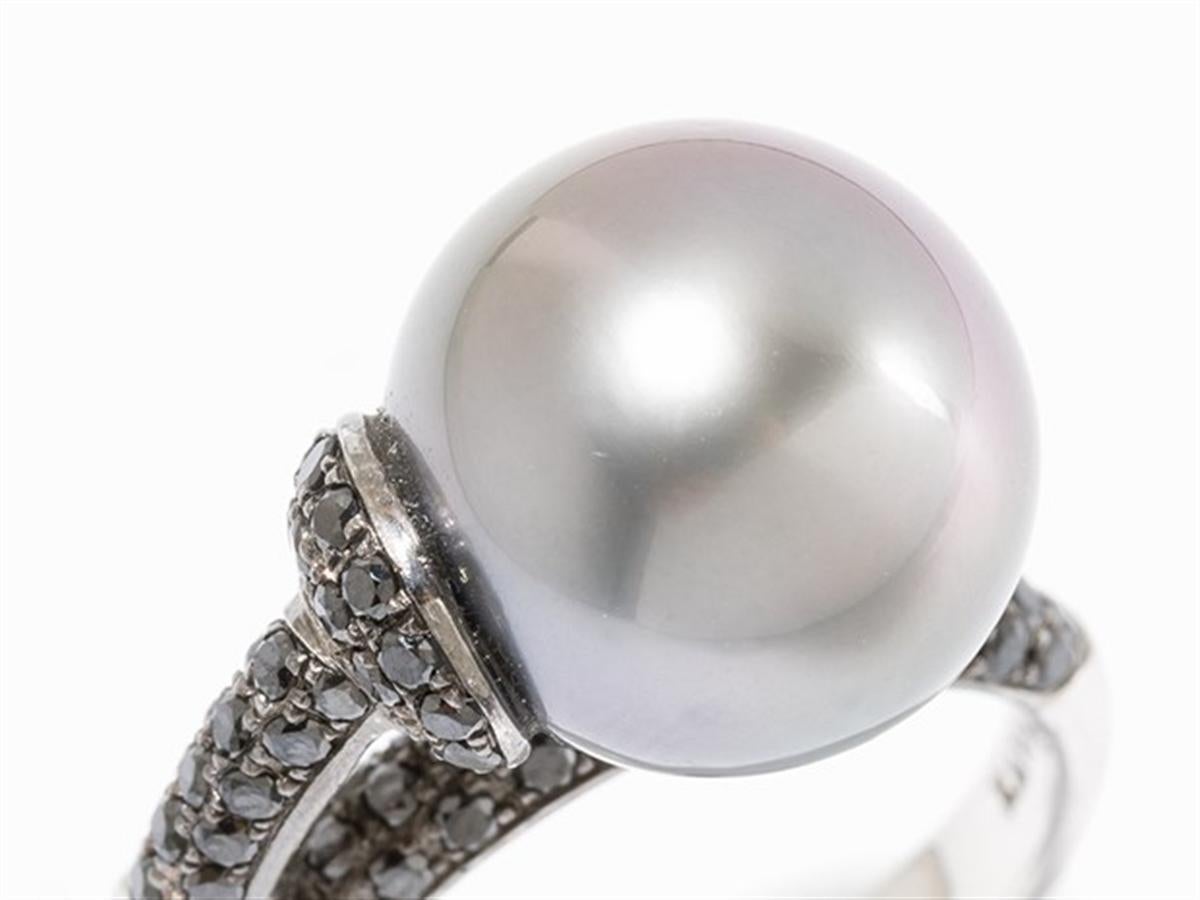 Women's Cocktail Ring with Tahitian Pearl and Diamonds, 18 Karat