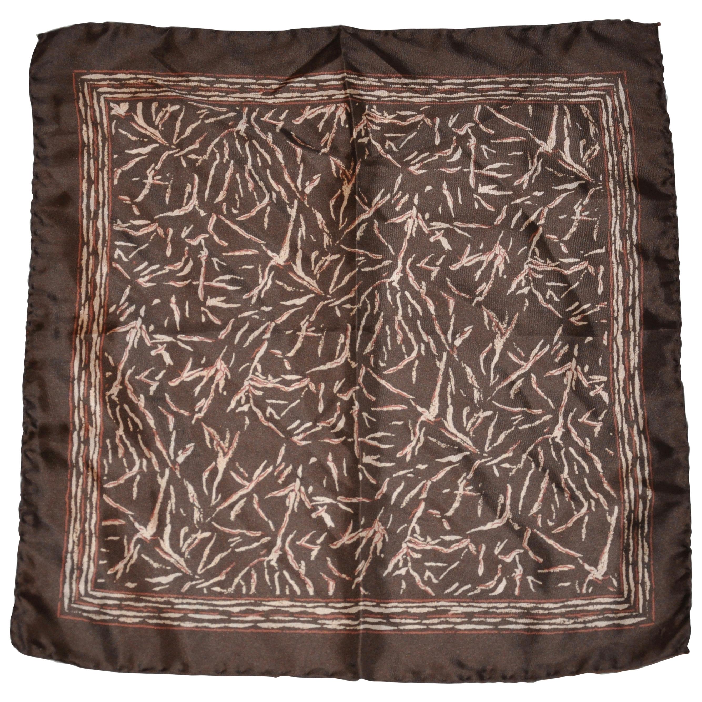 Coco Brown Border With "Winter's Branches" Silk Handkerchief For Sale