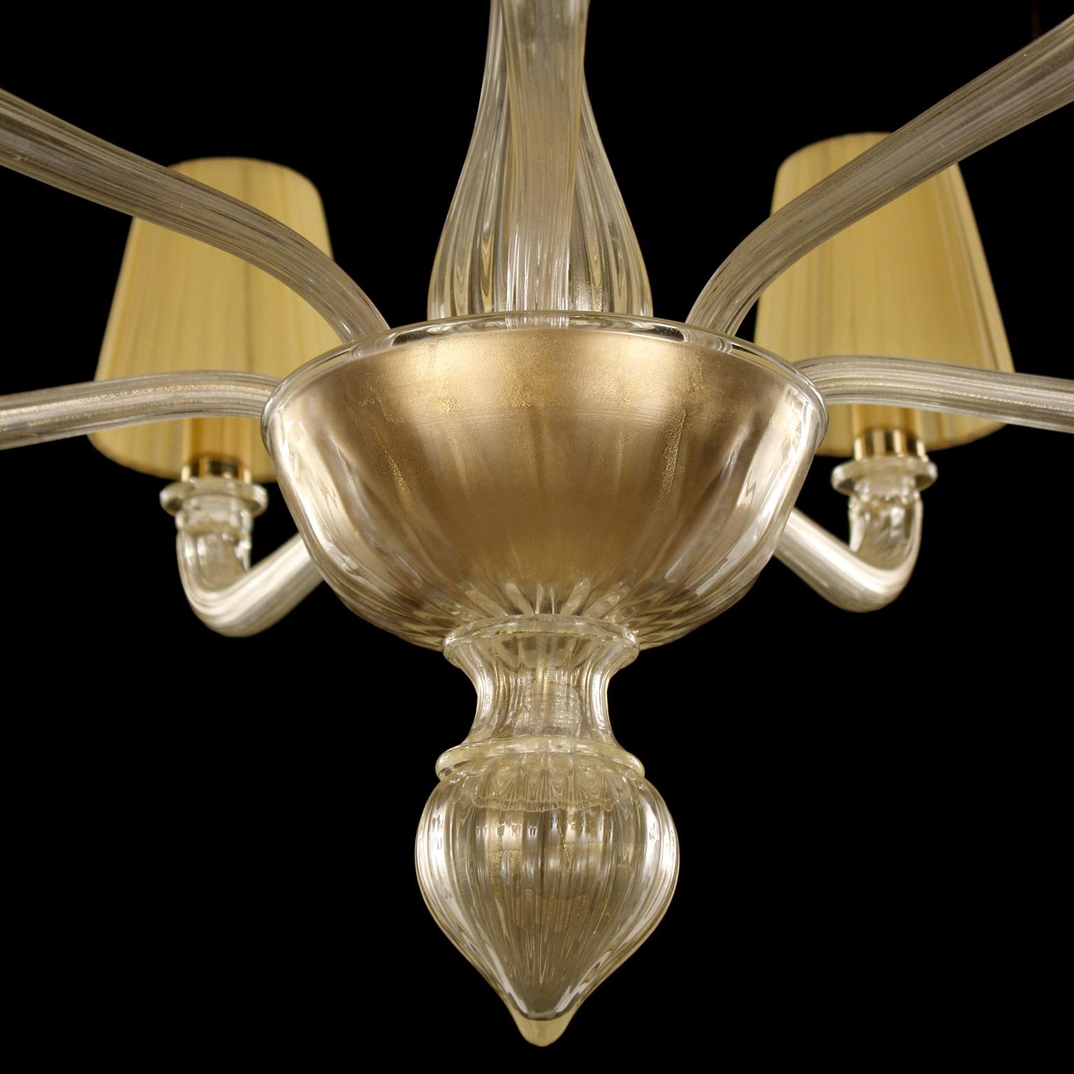 Italian 21st Century Chandelier 7arms Gold Leaf Murano Glass, Lampshades by Multiforme For Sale