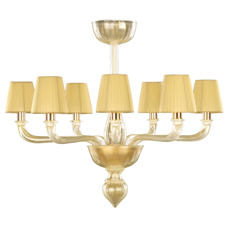21st Century Chandelier 7arms Gold Leaf Murano Glass, Lampshades by