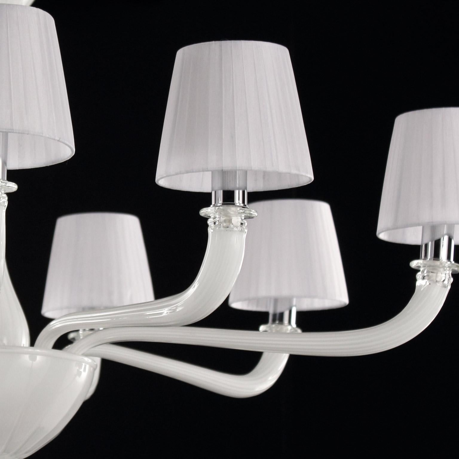 Italian Chandelier 9arms White encased Murano Glass, Lampshades by Multiforme in stock For Sale