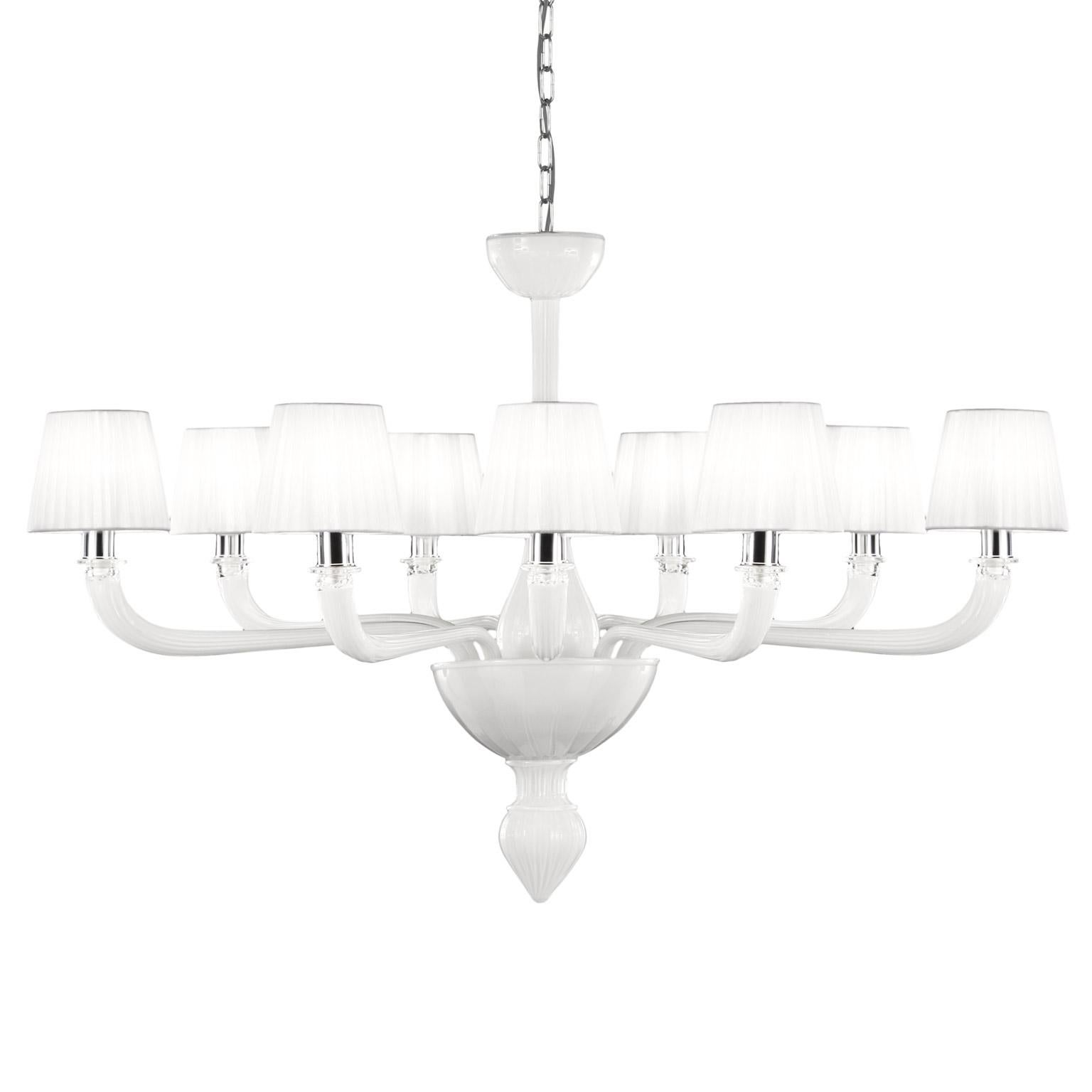 Contemporary Chandelier 9arms White encased Murano Glass, Lampshades by Multiforme in stock For Sale