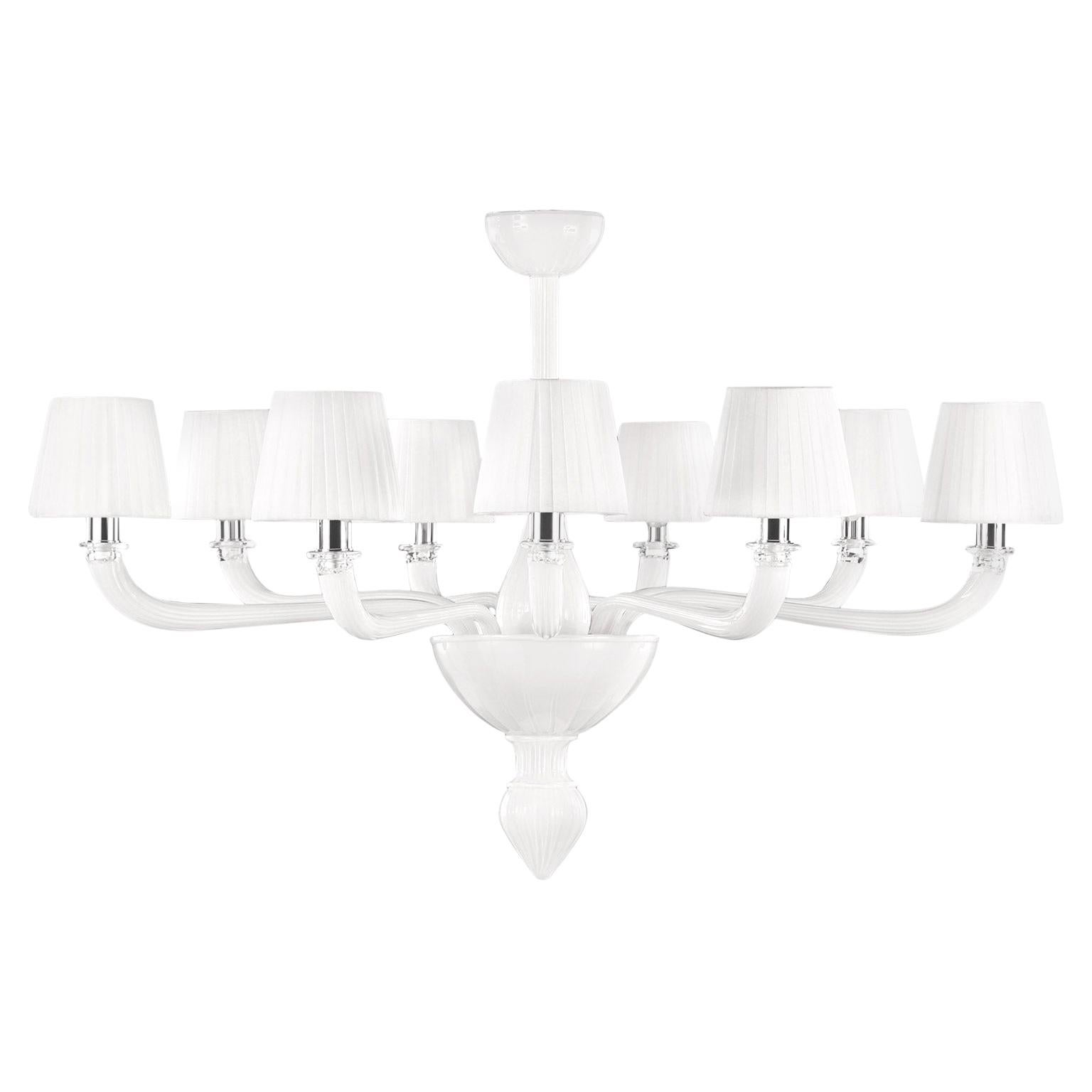 Chandelier 9arms White encased Murano Glass, Lampshades by Multiforme in stock For Sale