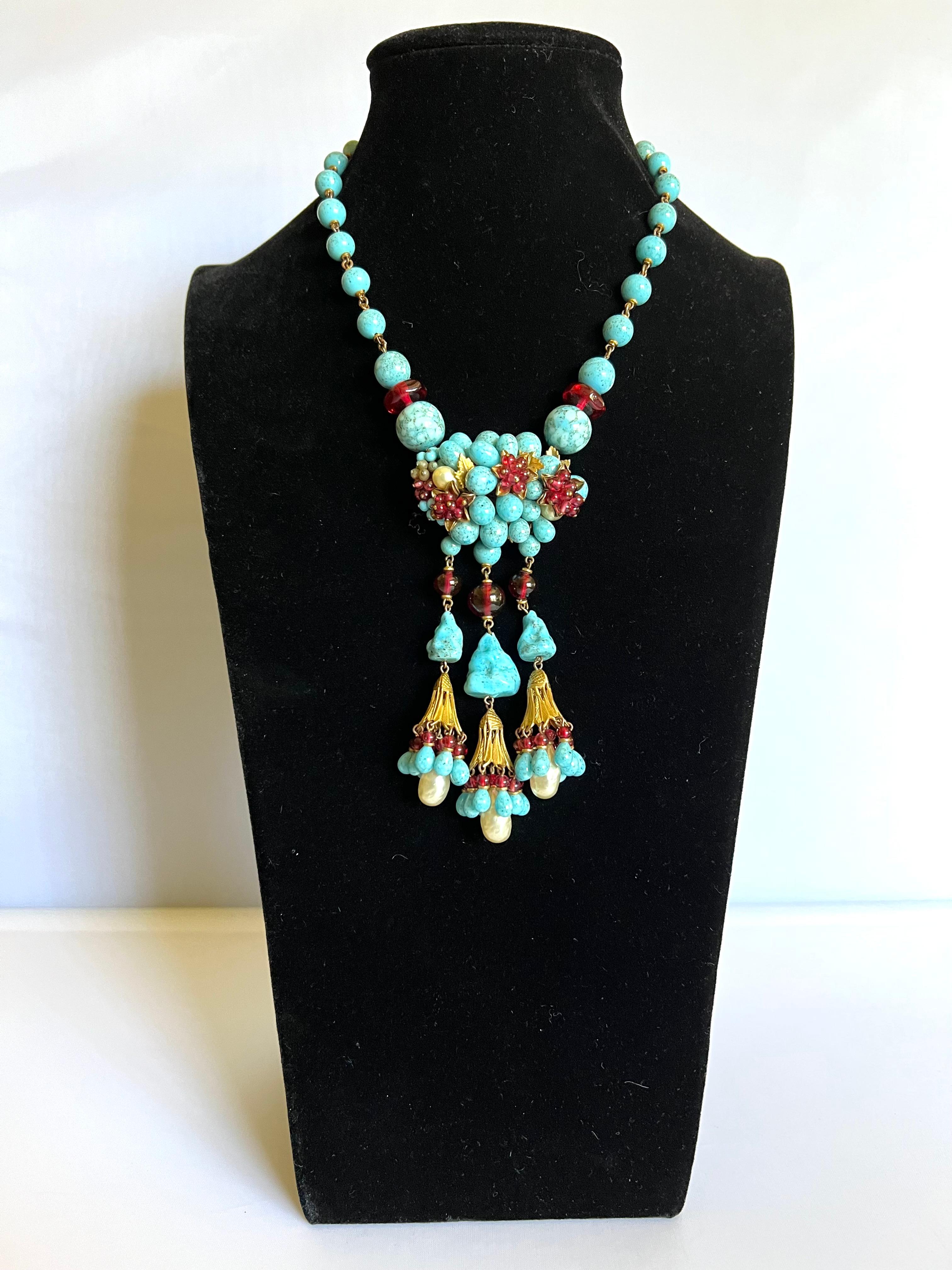 Extremely rare pre-WWII, Louis Rousselet (glass bead)(turquoise, red, and faux baroque pearls) necklace from the 1930's for Chanel Haute Couture when she was segueing from Art-Deco to Byzantine styles. Made in France.