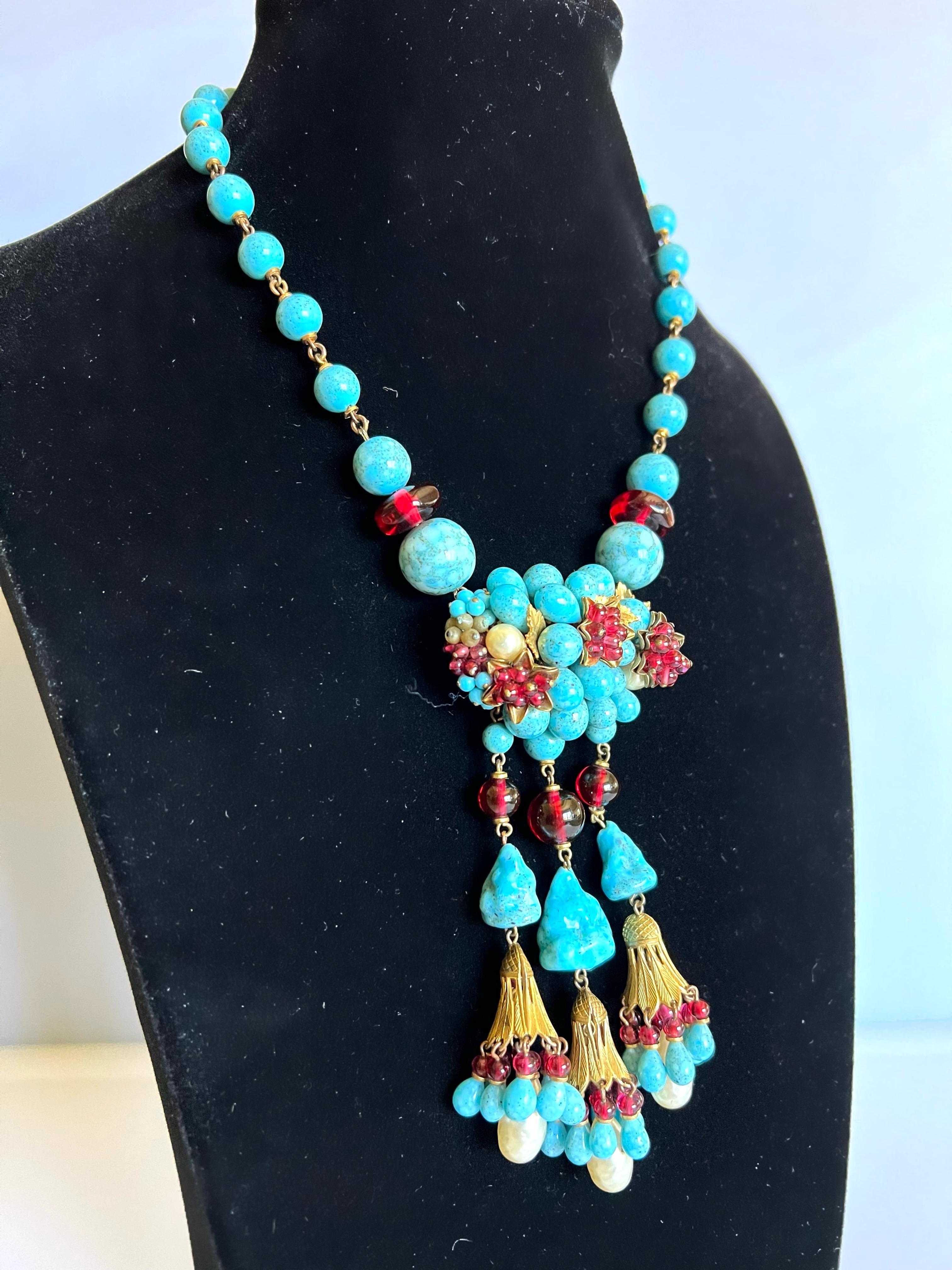Art Deco Coco Chanel 1930's Turquoise and Red Pendant Necklace 