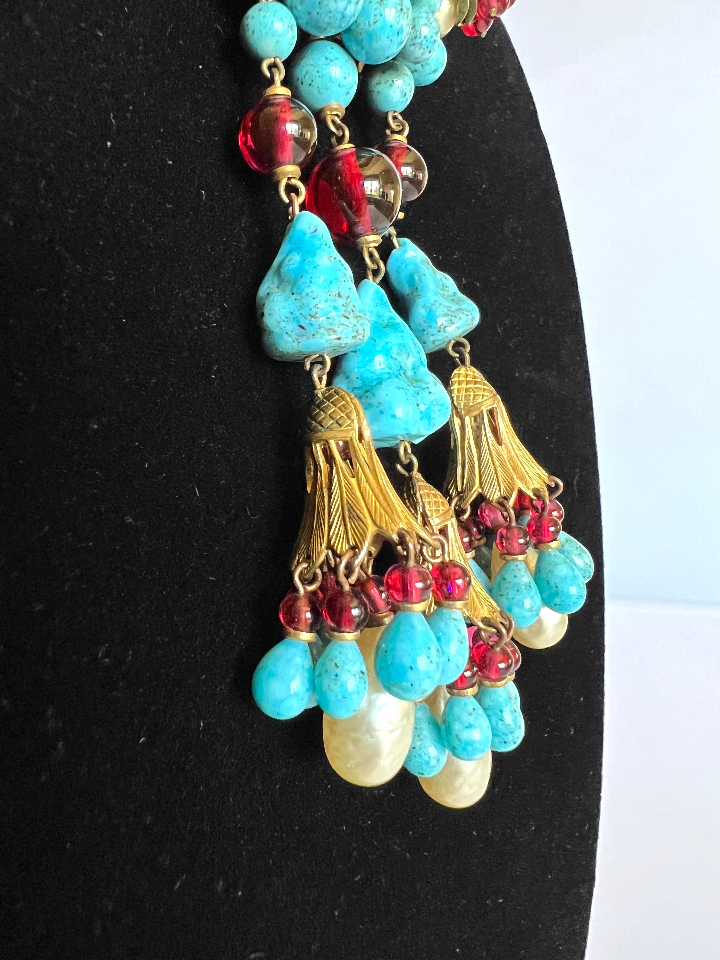 Bead Coco Chanel 1930's Turquoise and Red Pendant Necklace 
