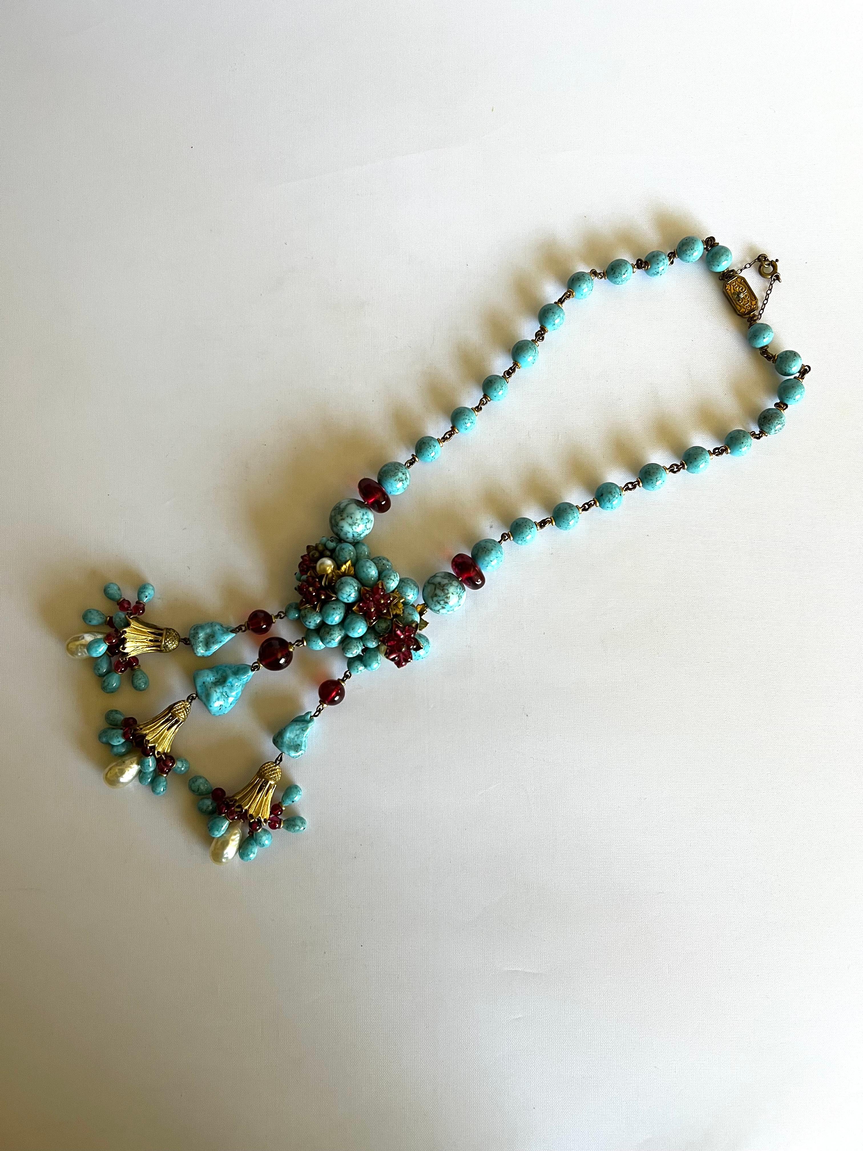 Coco Chanel 1930's Turquoise and Red Pendant Necklace  In Excellent Condition In Palm Springs, CA