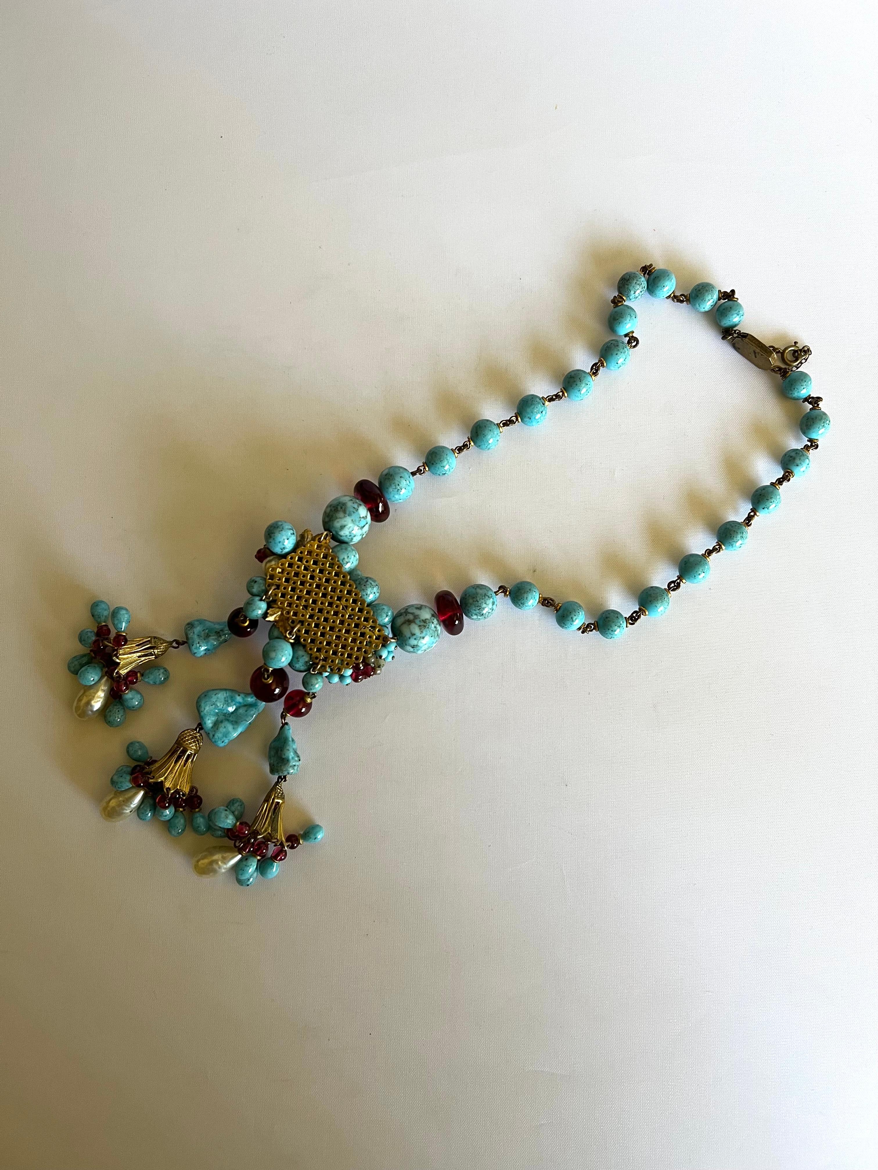 Coco Chanel 1930's Turquoise and Red Pendant Necklace  2
