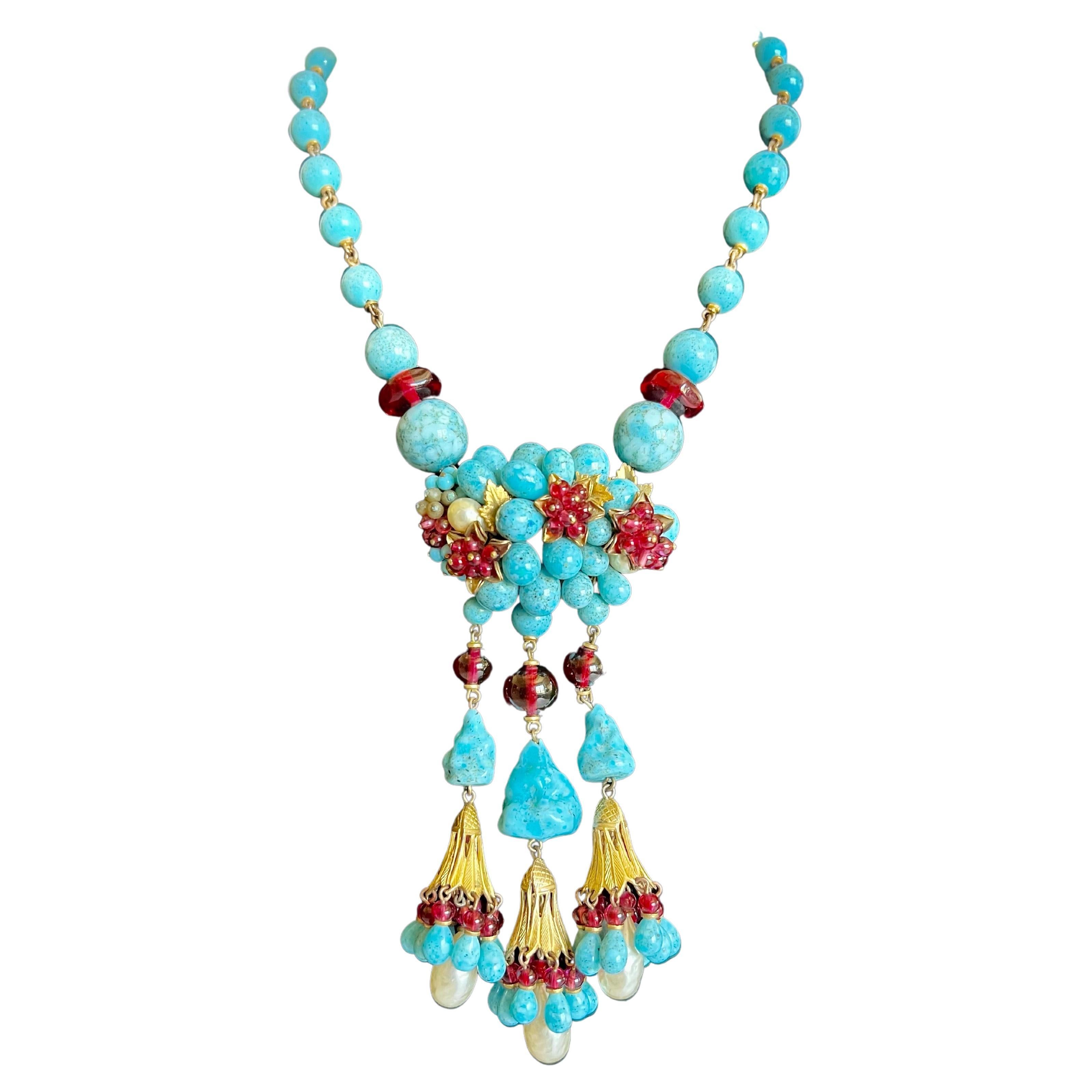 Coco Chanel 1930's Turquoise and Red Pendant Necklace 