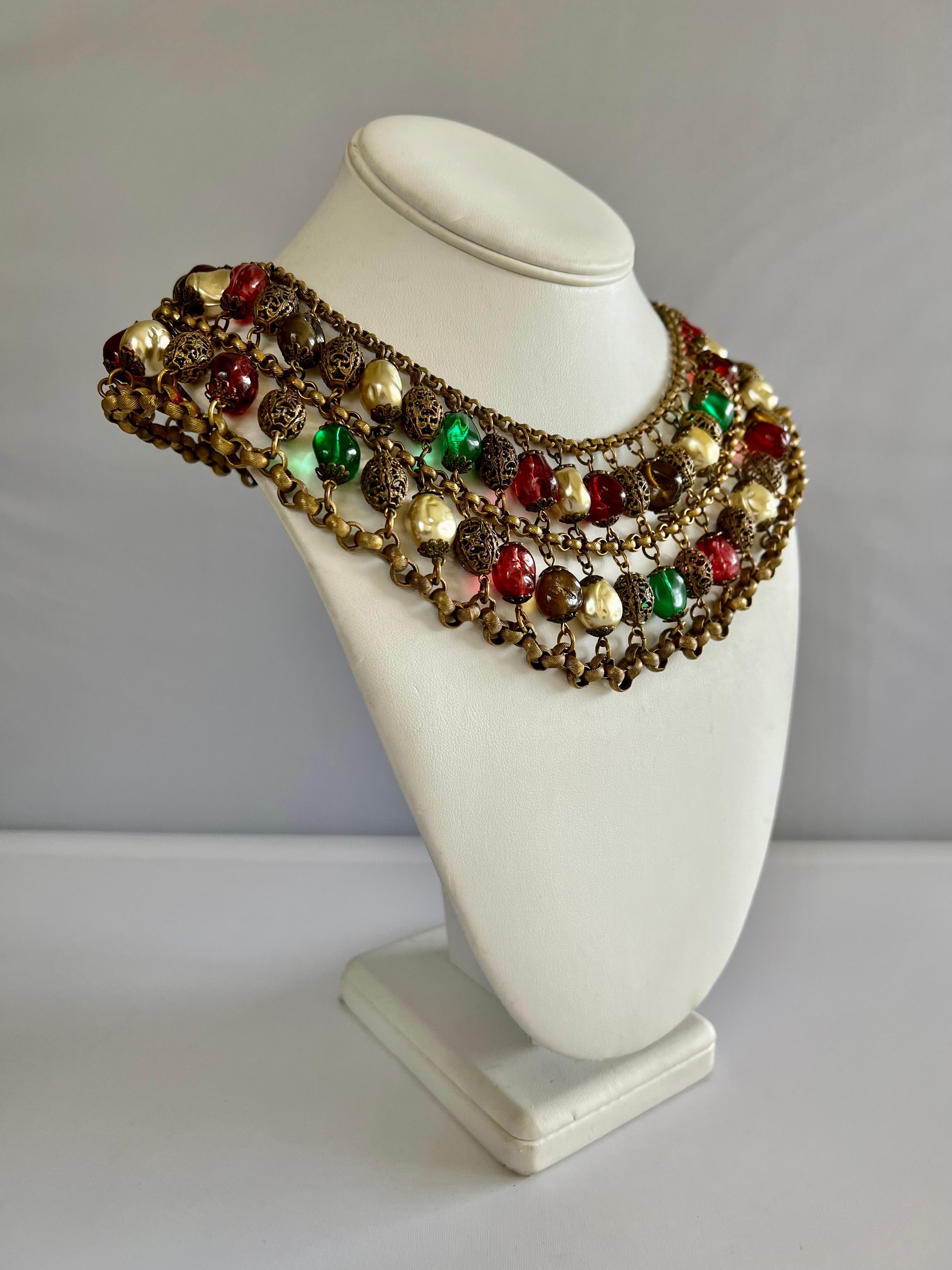 Art Deco Coco Chanel Baroque Gilt Pearl and Color Glass Collar Circa 1930