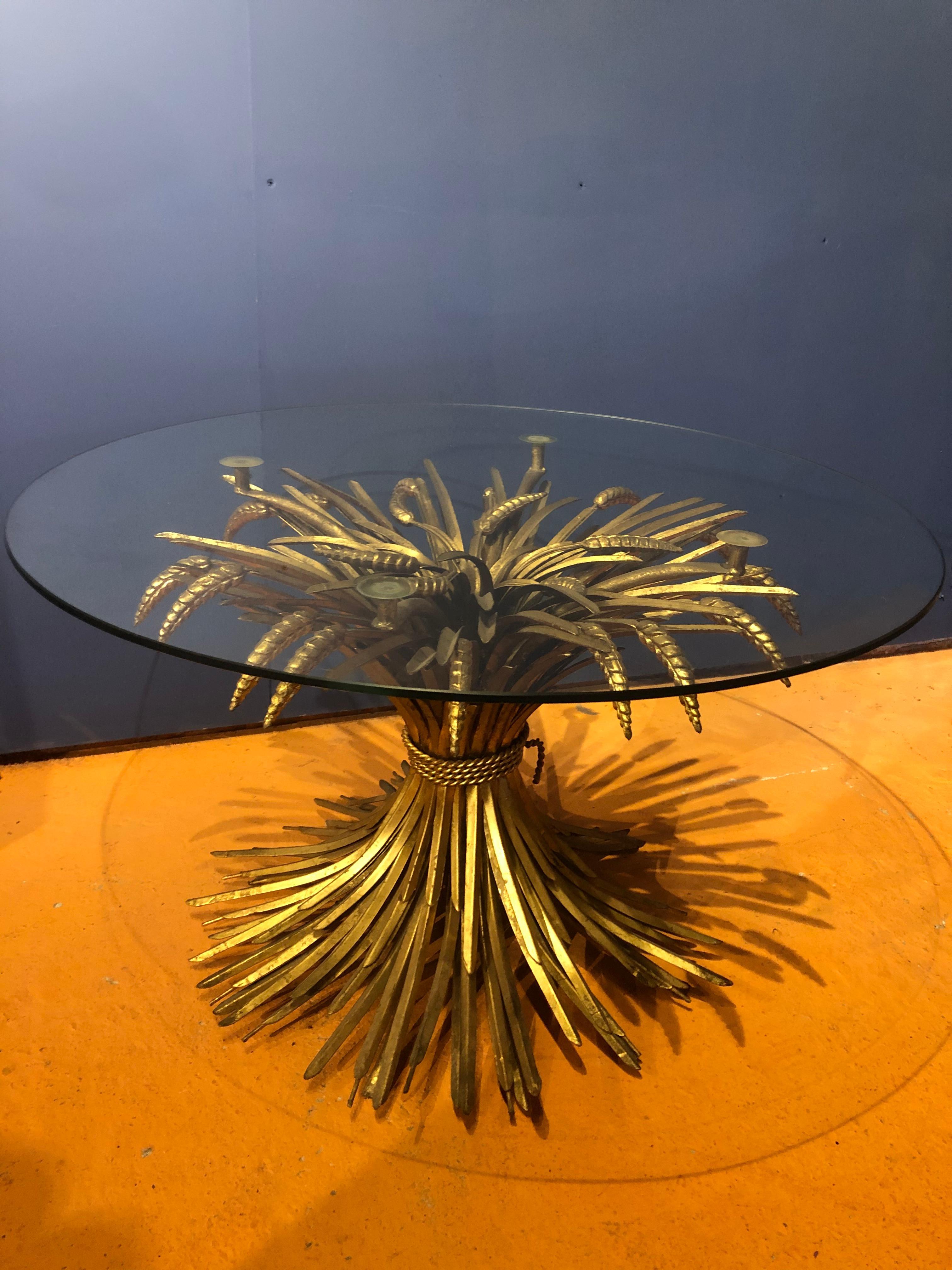 Mid-Century Modern Coco Chanel Wheat Sheaf Gilt Metal Circular Glass Table