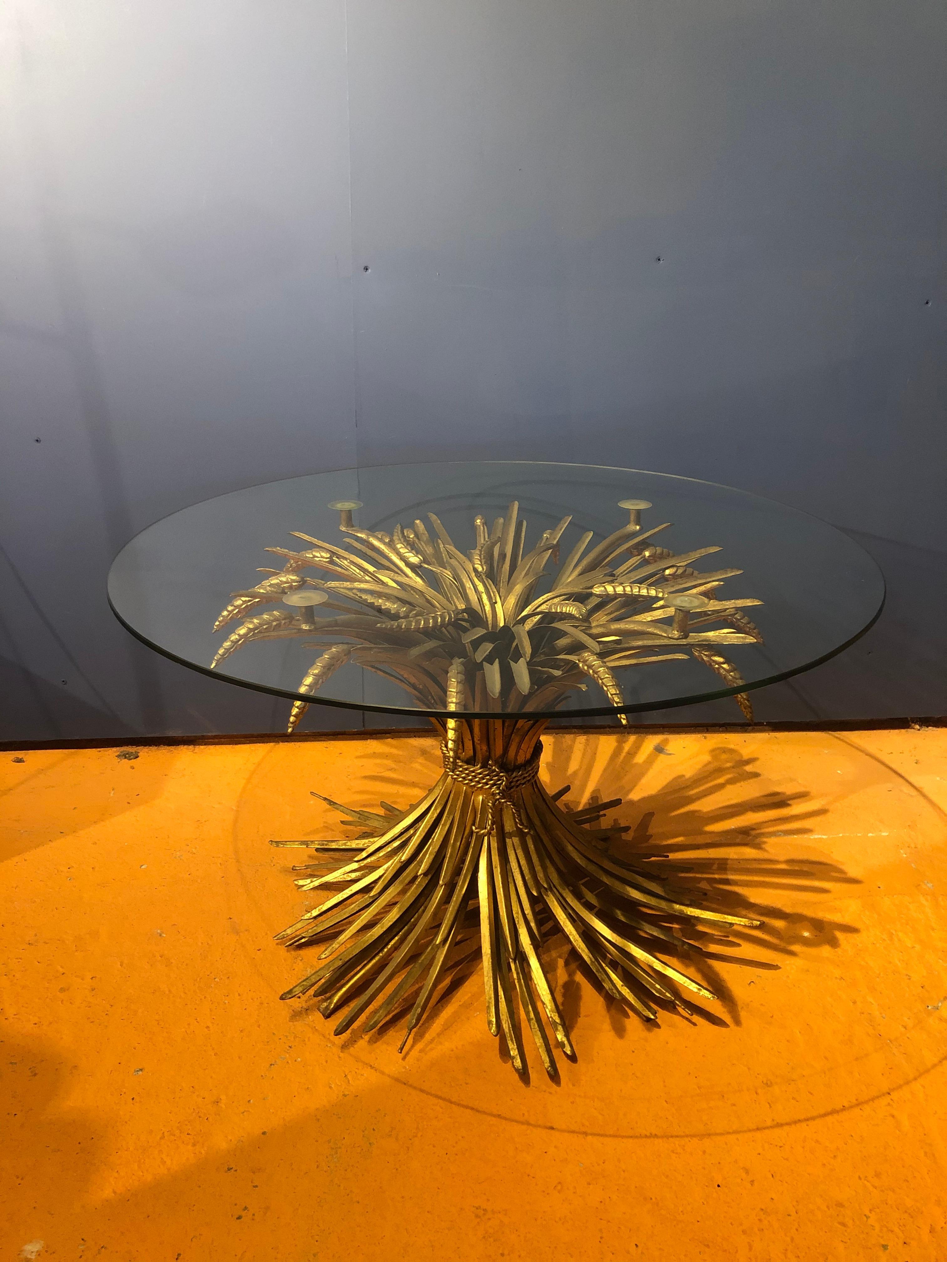 French Coco Chanel Wheat Sheaf Gilt Metal Circular Glass Table