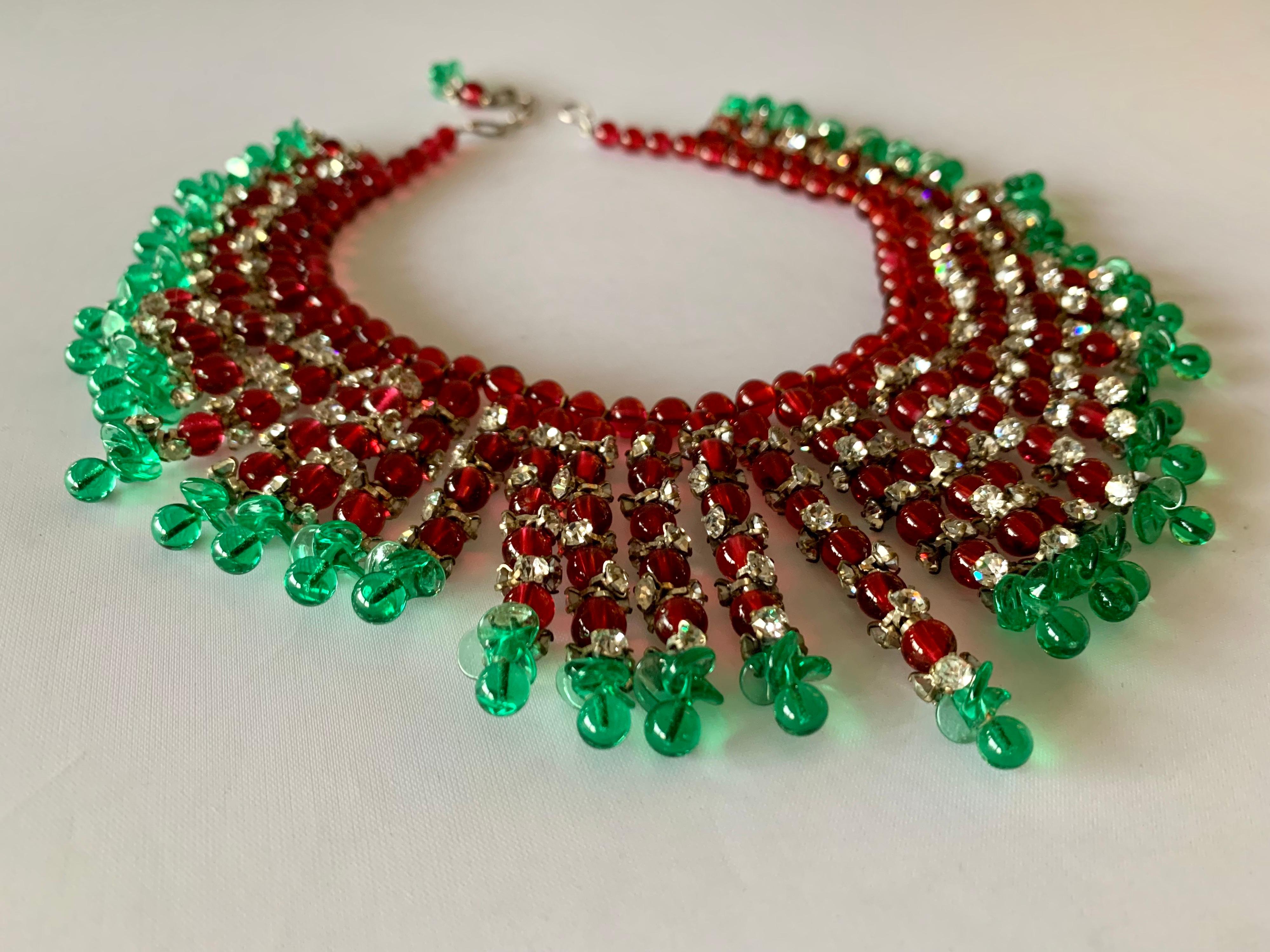 Women's Coco Chanel Green and Red Art Deco Glass Necklace circa 1930