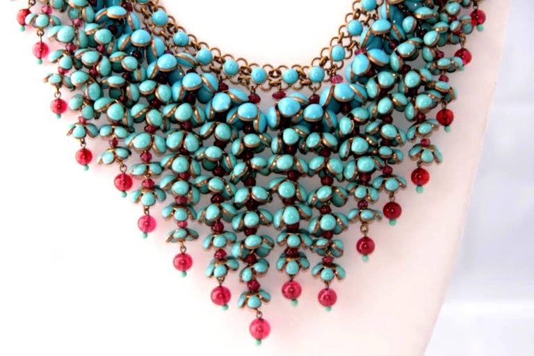 Coco Chanel Gripoix Poured Glass Flower Faux Turquoise and Ruby Necklace  For Sale at 1stDibs