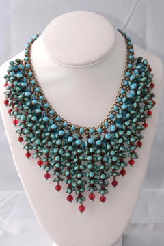 Coco Chanel Gripoix Poured Glass Flower Faux Turquoise and Ruby Necklace
