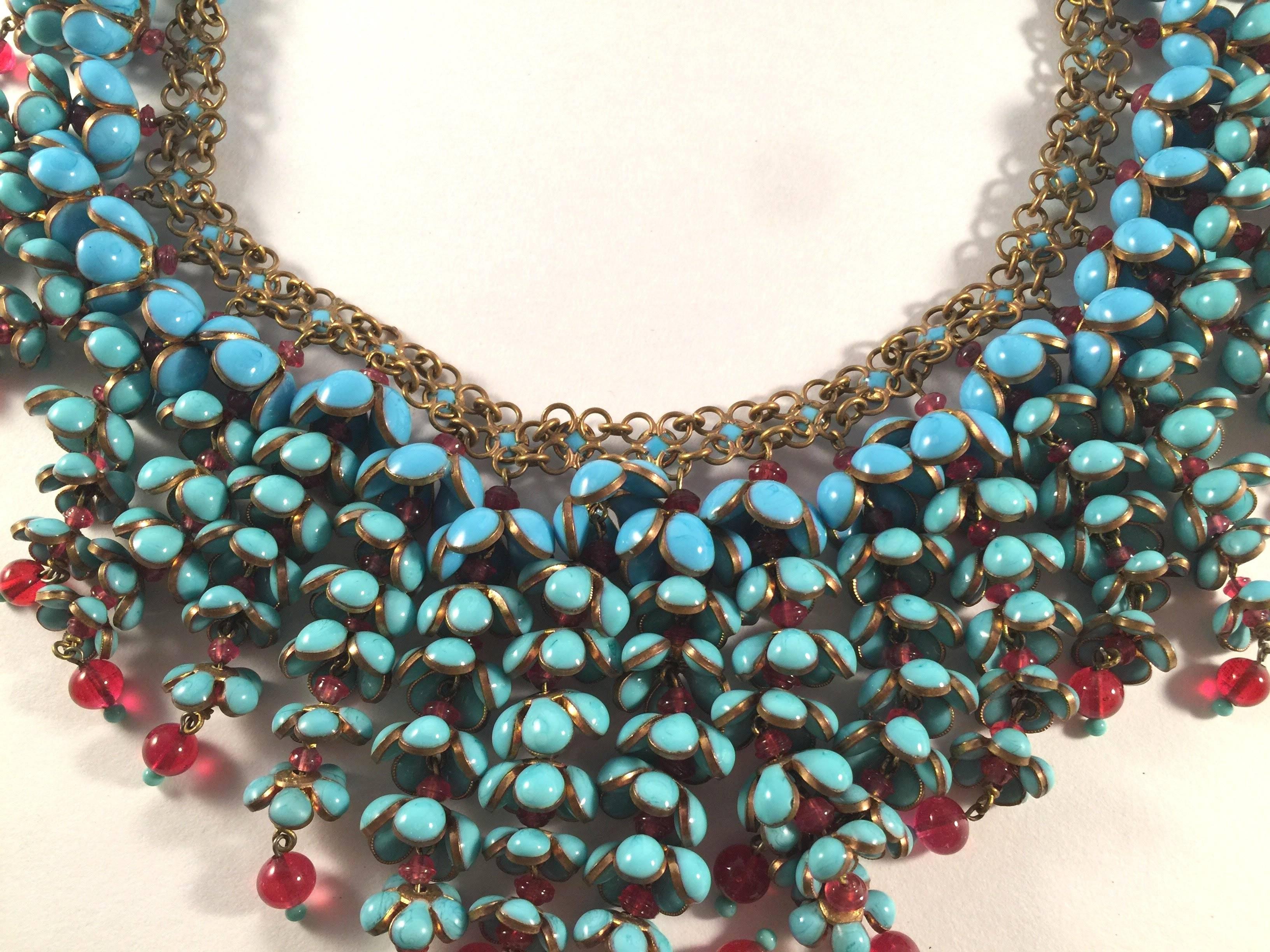 Coco Chanel Gripoix Poured Glass Flower Faux Turquoise and Ruby Necklace In Excellent Condition For Sale In Palm Springs, CA